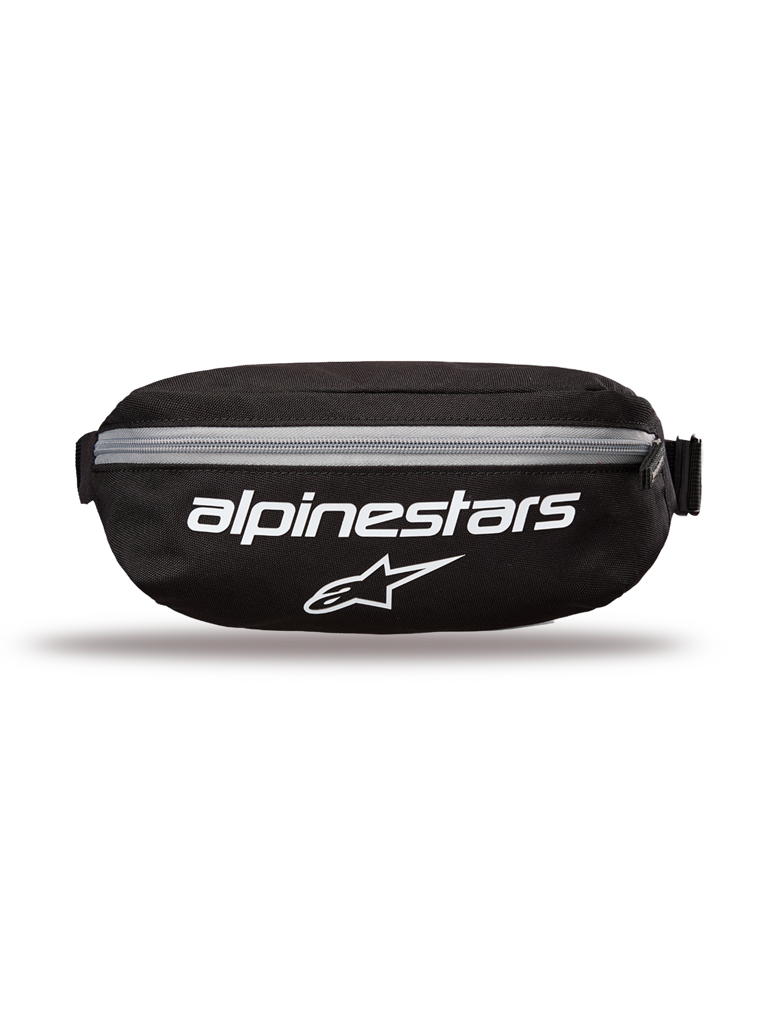 Alpinestars Only Linear Hüfttasche, Hüfttasche, Schwarz mit weißen Logos und grauem Reißverschluss, Vorderansicht mit Alpinestars-Schriftzug und Stern-Logo, strapazierfähige Polyester-Konstruktion, kompakte Hüfttasche für den täglichen Gebrauch