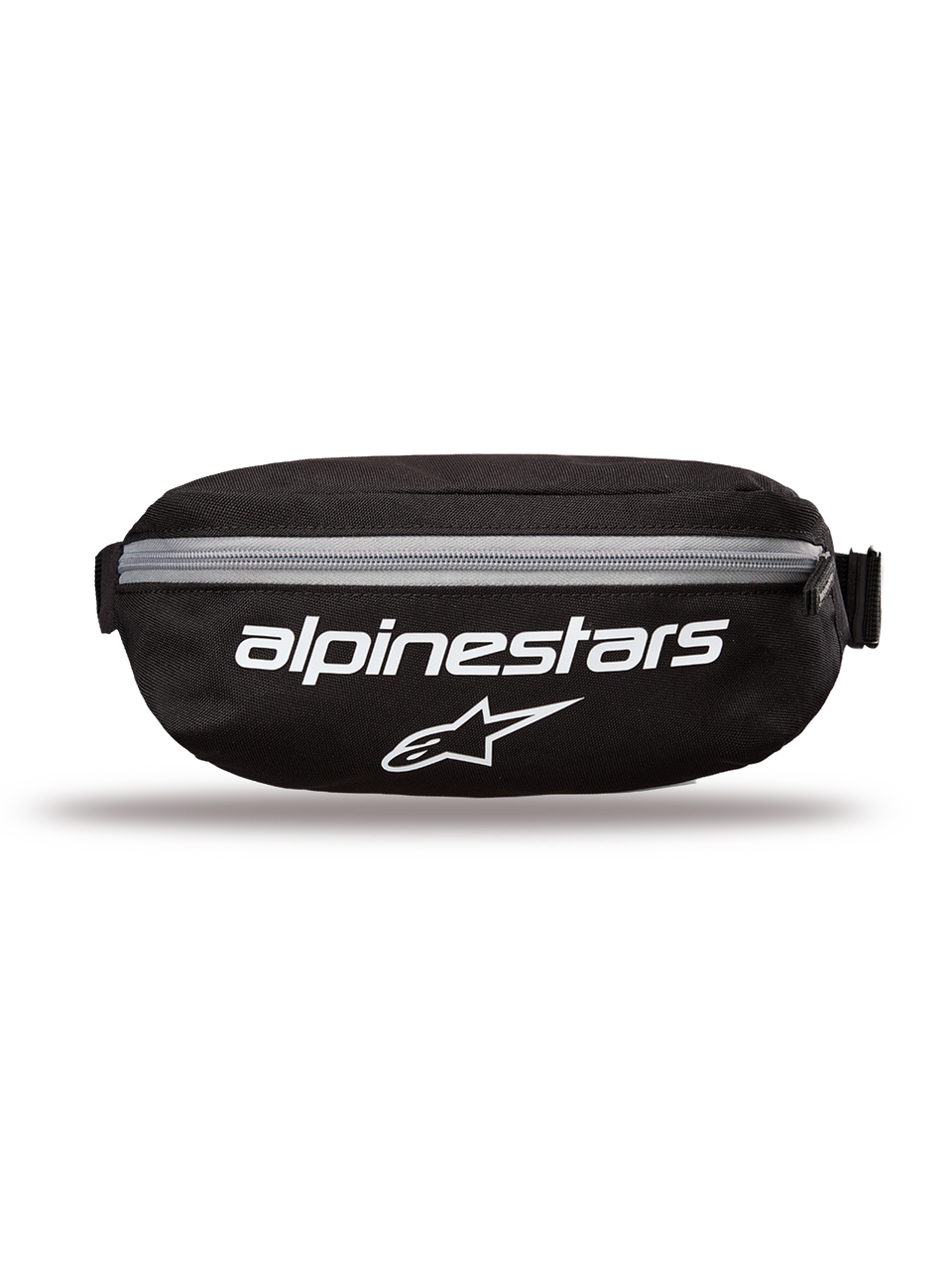 Alpinestars Only Linear Hüfttasche, Hüfttasche, Schwarz mit weißen Logos und grauem Reißverschluss, Vorderansicht mit Alpinestars-Schriftzug und Stern-Logo, strapazierfähige Polyester-Konstruktion, kompakte Hüfttasche für den täglichen Gebrauch