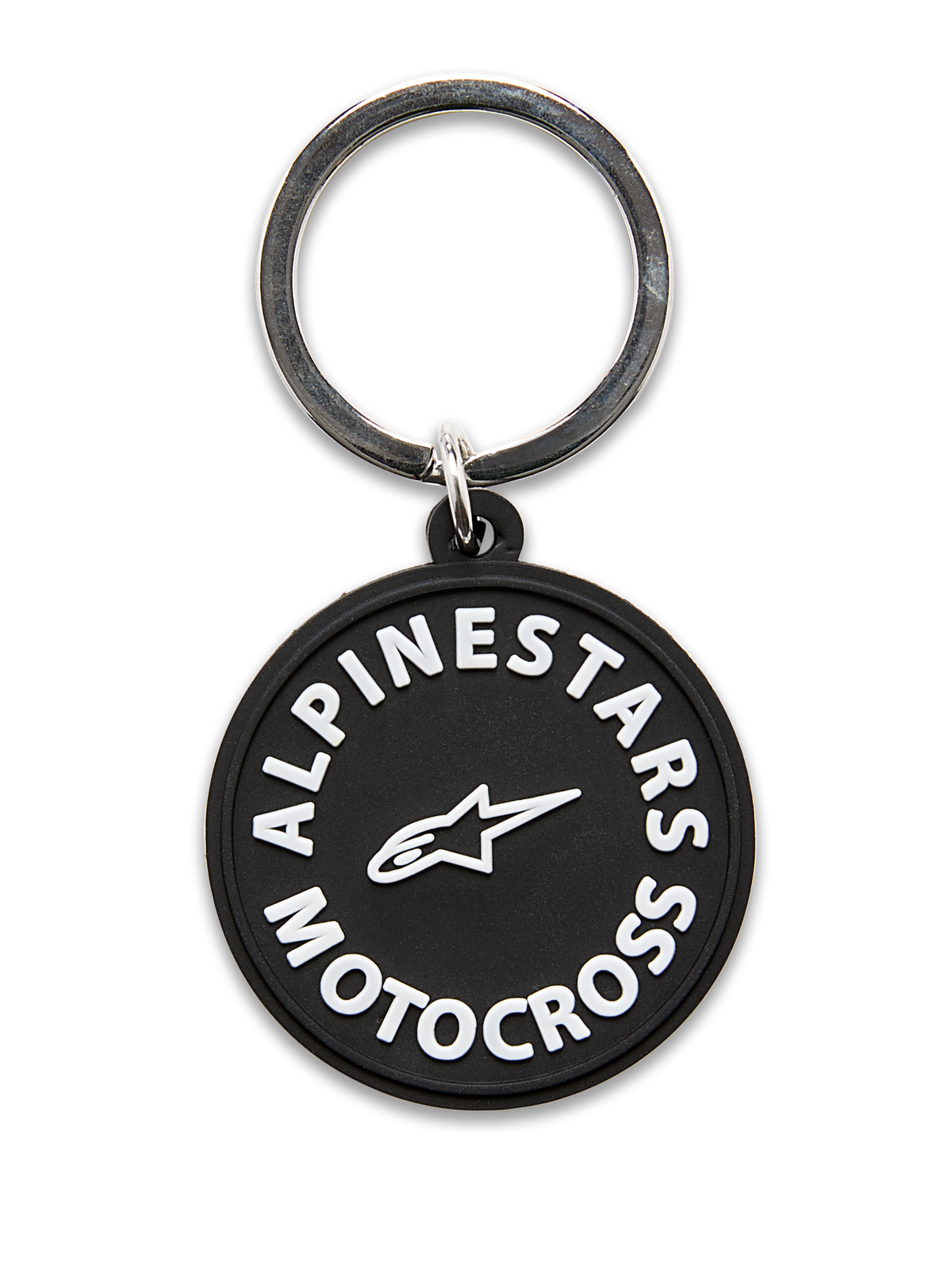 Alpinestars MX Schlüsselanhänger, runder 3D-geformter Schlüsselanhänger, Schwarz mit weißen Alpinestars Motocross-Grafiken und Stern-Logo, silberner Metall-Schnappring, strapazierfähiges Accessoire für den täglichen Gebrauch