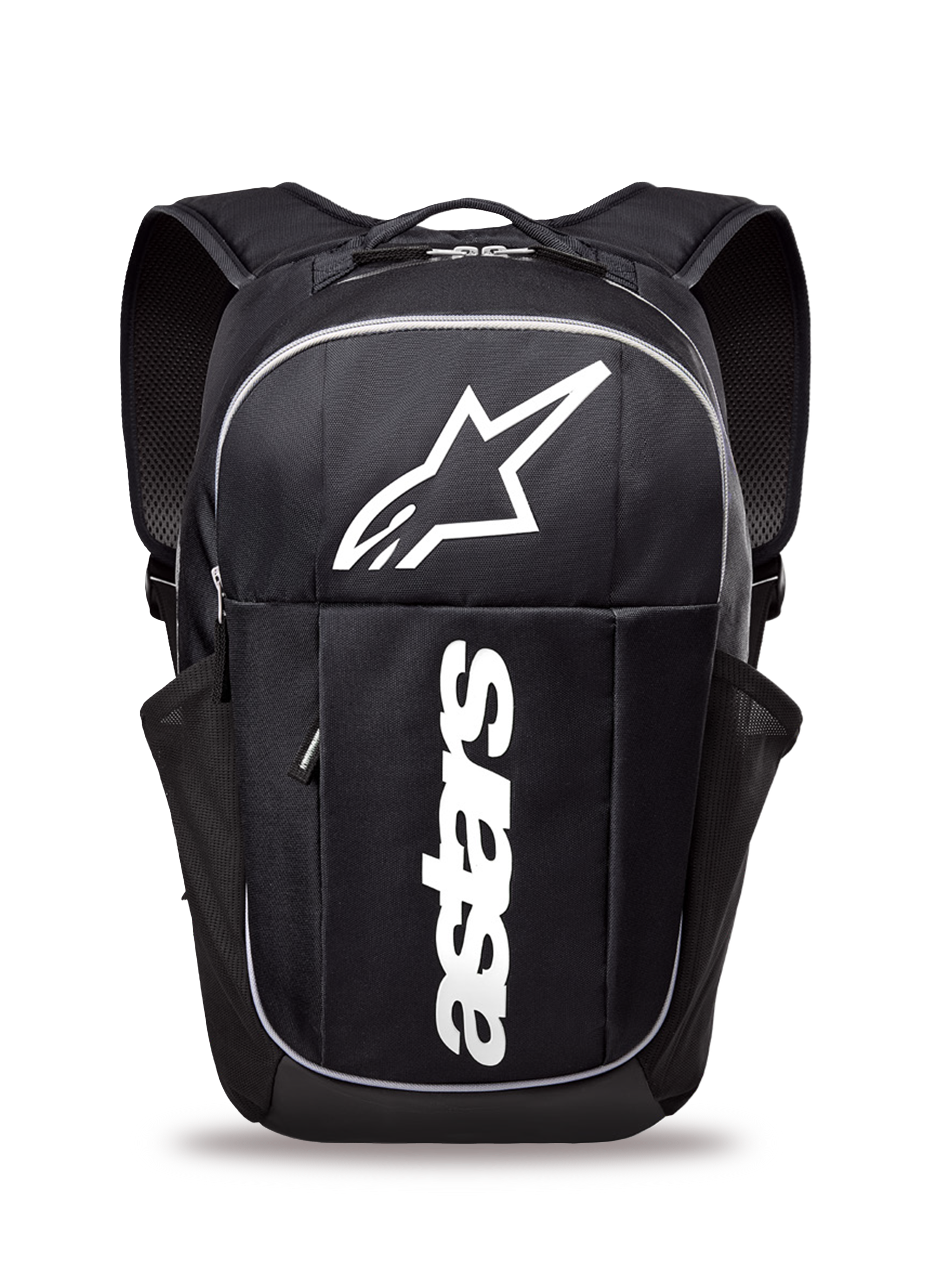 Alpinestars GFX Boss Rucksack, mittelgroßer Tagesrucksack, Schwarz und Weiß, mit großem weißem Astars-Logo und vertikalem Branding, seitlichen Mesh-Netztaschen für Wasserflaschen, gepolsterten Air-Mesh-Schultergurten, robuste Konstruktion für den Freizeitgebrauch