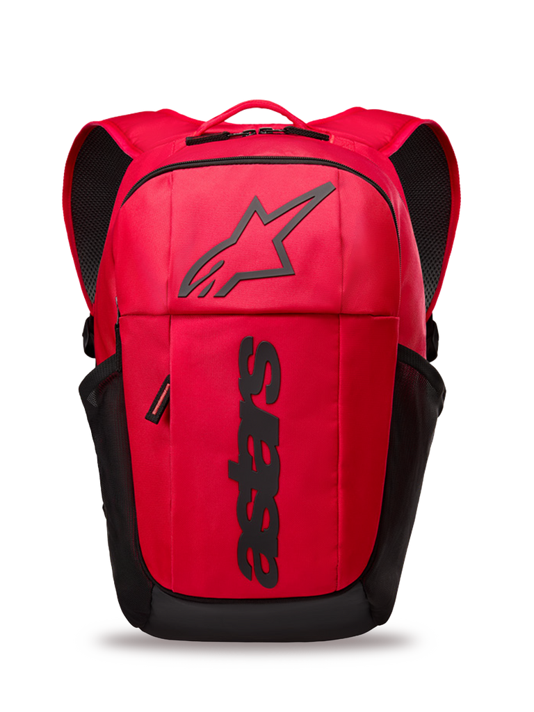 Alpinestars GFX Boss Rucksack, roter und schwarzer Tagesrucksack, 20 Liter Kapazität, mit erhabenem schwarzem Silikon-Astars-Logo und vertikalem Branding, seitlichen Netztaschen, gepolsterten Air-Mesh-Gurten, robuste Konstruktion aus 600D Polyester