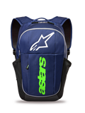 Alpinestars GFX Boss Rucksack, Lifestyle-Rucksack, Marineblau und Limettengrün, mit großem weißen Astars-Logo und vertikalem limettengrünen Branding, seitliche Netztaschen für Wasserflaschen, robuste Polyesterkonstruktion für den täglichen Gebrauch