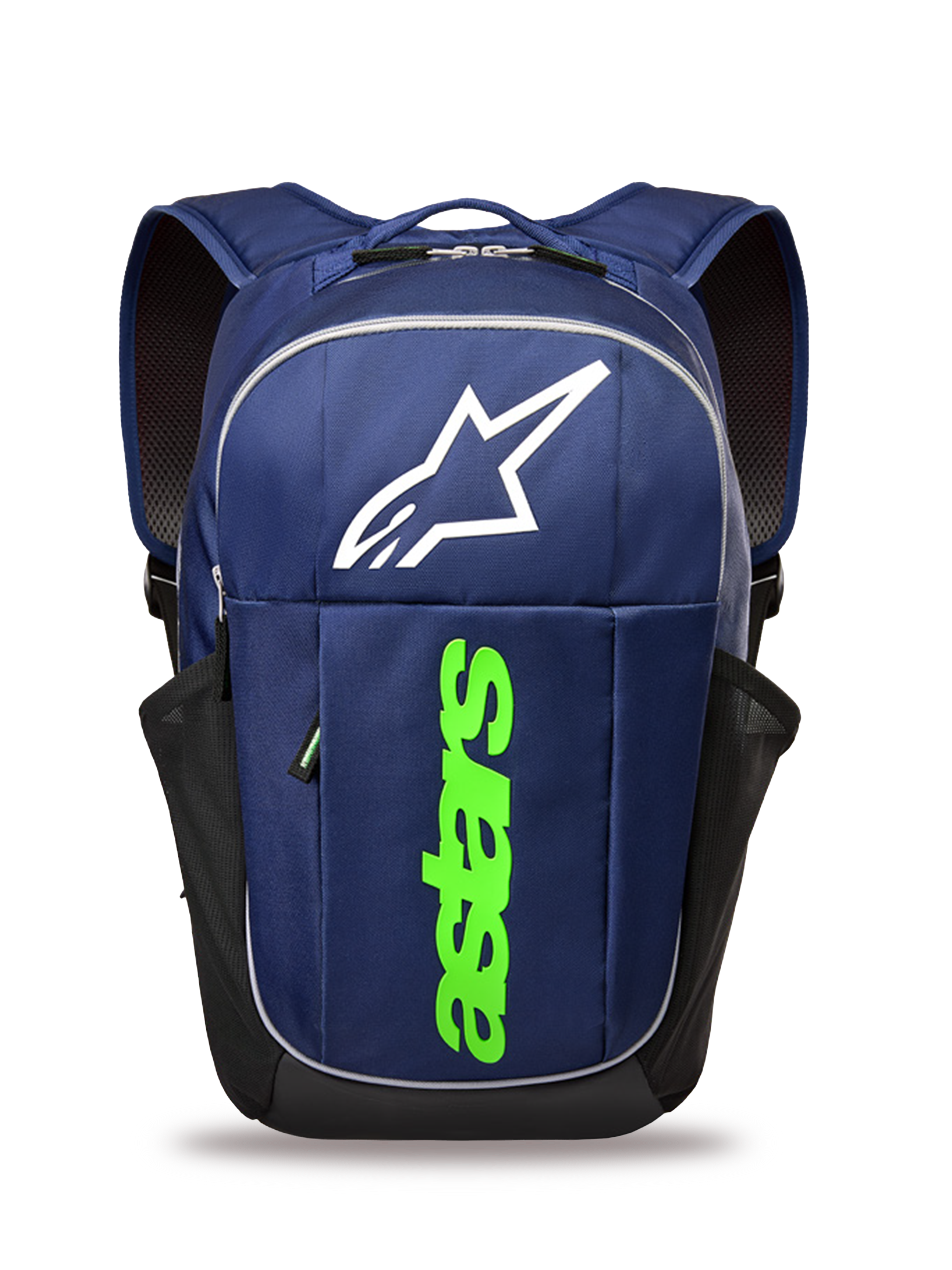 Alpinestars GFX Boss Rucksack, Lifestyle-Rucksack, Marineblau und Limettengrün, mit großem weißen Astars-Logo und vertikalem limettengrünen Branding, seitliche Netztaschen für Wasserflaschen, robuste Polyesterkonstruktion für den täglichen Gebrauch