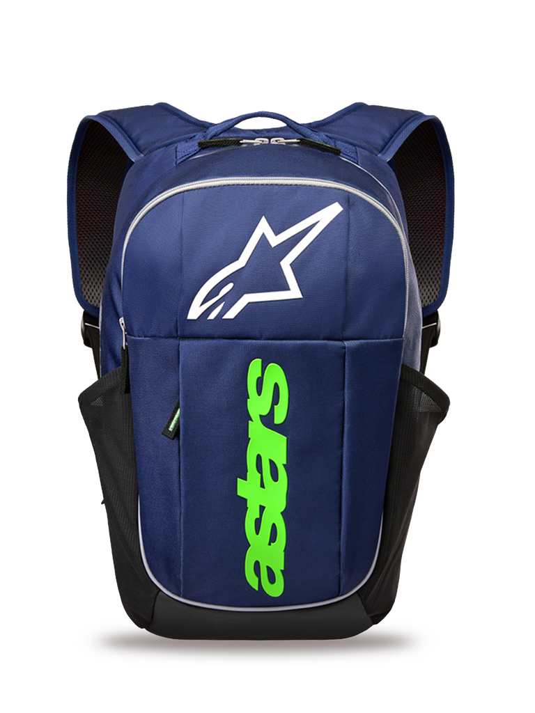 Alpinestars GFX Boss Rucksack, Lifestyle-Rucksack, Marineblau und Limettengrün, mit großem weißen Astars-Logo und vertikalem limettengrünen Branding, seitliche Netztaschen für Wasserflaschen, robuste Polyesterkonstruktion für den täglichen Gebrauch