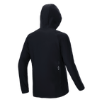 Alpinestars A-Dura Thermojacke, Schwarz, Rückansicht, mit Kapuze und langen Ärmeln, kleines weißes Alpinestars-Logo am unteren Rücken, leichtes isoliertes Design für Mountainbike-Performance