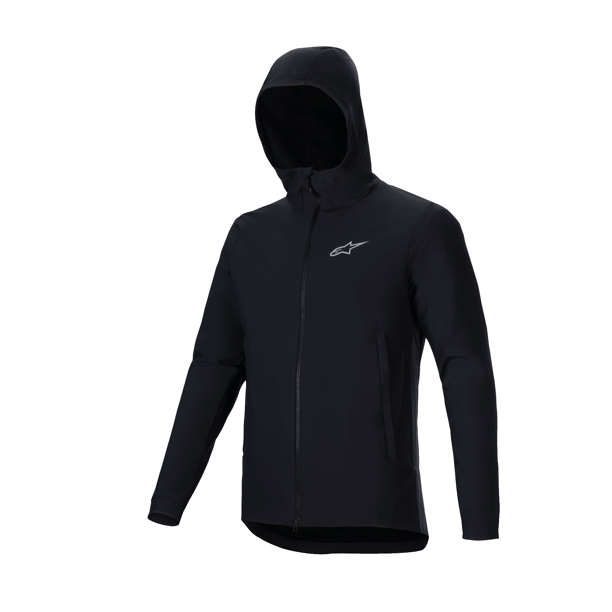 Alpinestars A-Dura Thermojacke, Schwarz, leicht isolierte Mountainbike-Jacke, mit Kapuzendesign, durchgehendem Frontreißverschluss und reflektierendem silbernem Astars-Logo auf der Brust, Performance-Bekleidung für Radsport bei kaltem Wetter