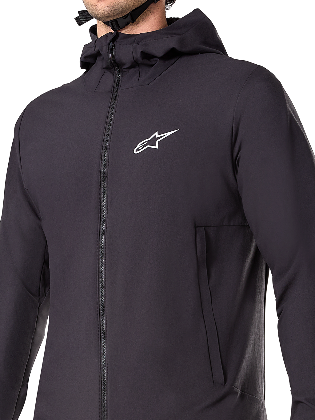 Alpinestars A-Dura Thermojacke, Schwarze Mountainbike-Jacke, Detailaufnahme des isolierten Funktionsmaterials, leichtes und atmungsaktives Design für Geländefahrten bei kaltem Wetter