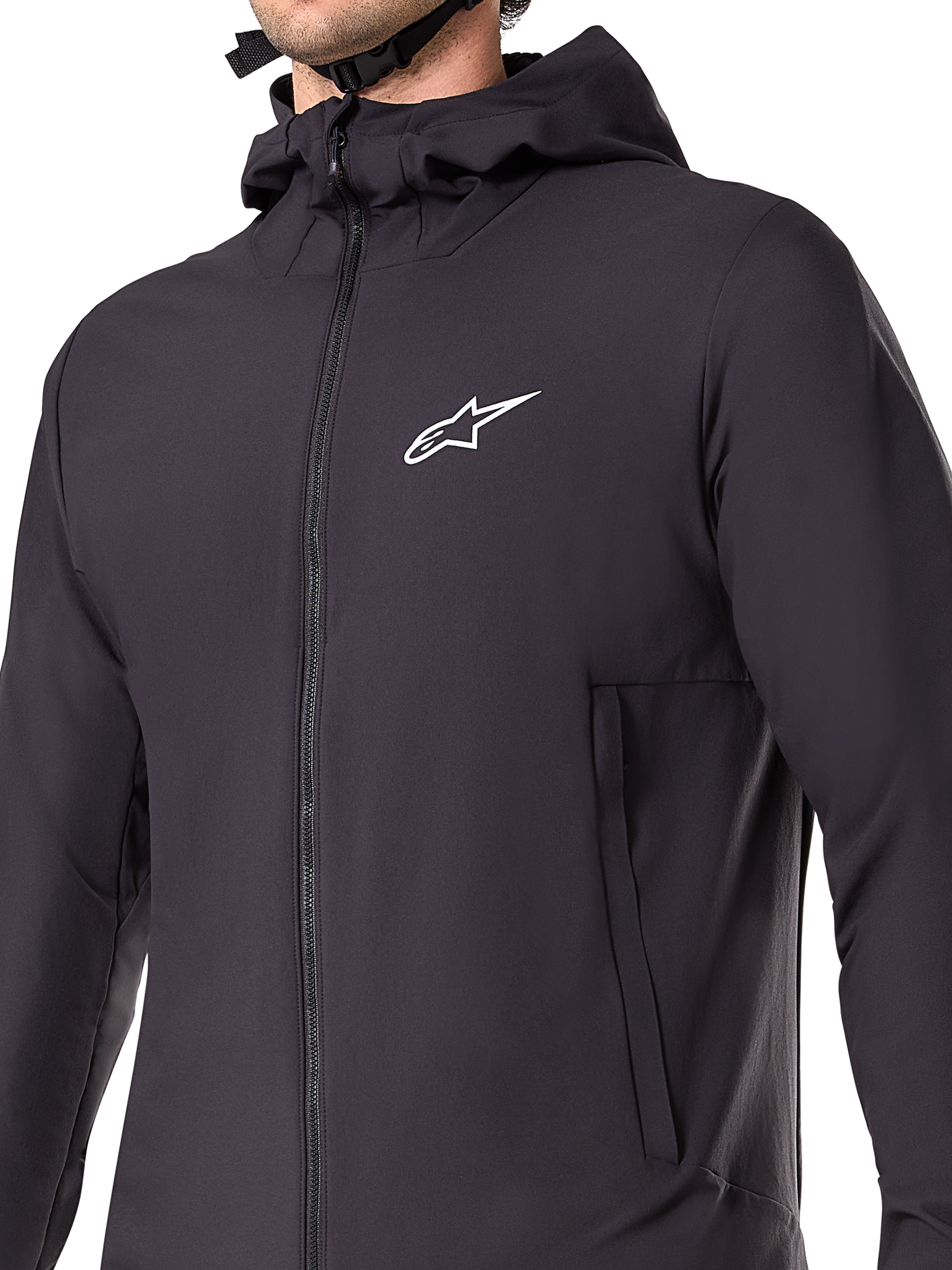 Alpinestars A-Dura Thermojacke, Schwarze Mountainbike-Jacke, Detailaufnahme des isolierten Funktionsmaterials, leichtes und atmungsaktives Design für Geländefahrten bei kaltem Wetter