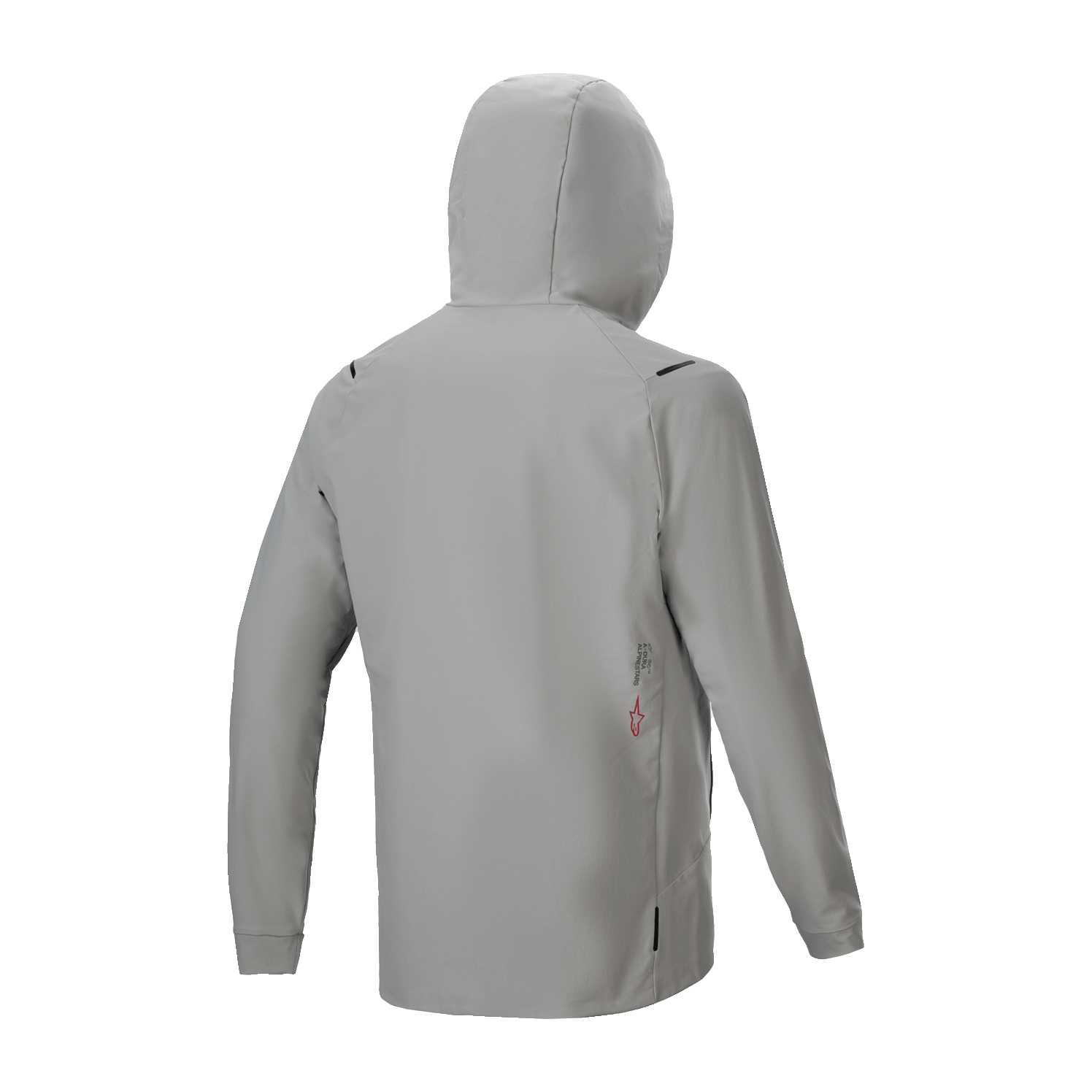 Alpinestars A-Dura Thermal Jacket, Insulated Cycling Jacket, Titanium Gray, back view with hood up, featuring a minimalist design with small logo detail on lower back, lightweight thermal performance for mountain biking.