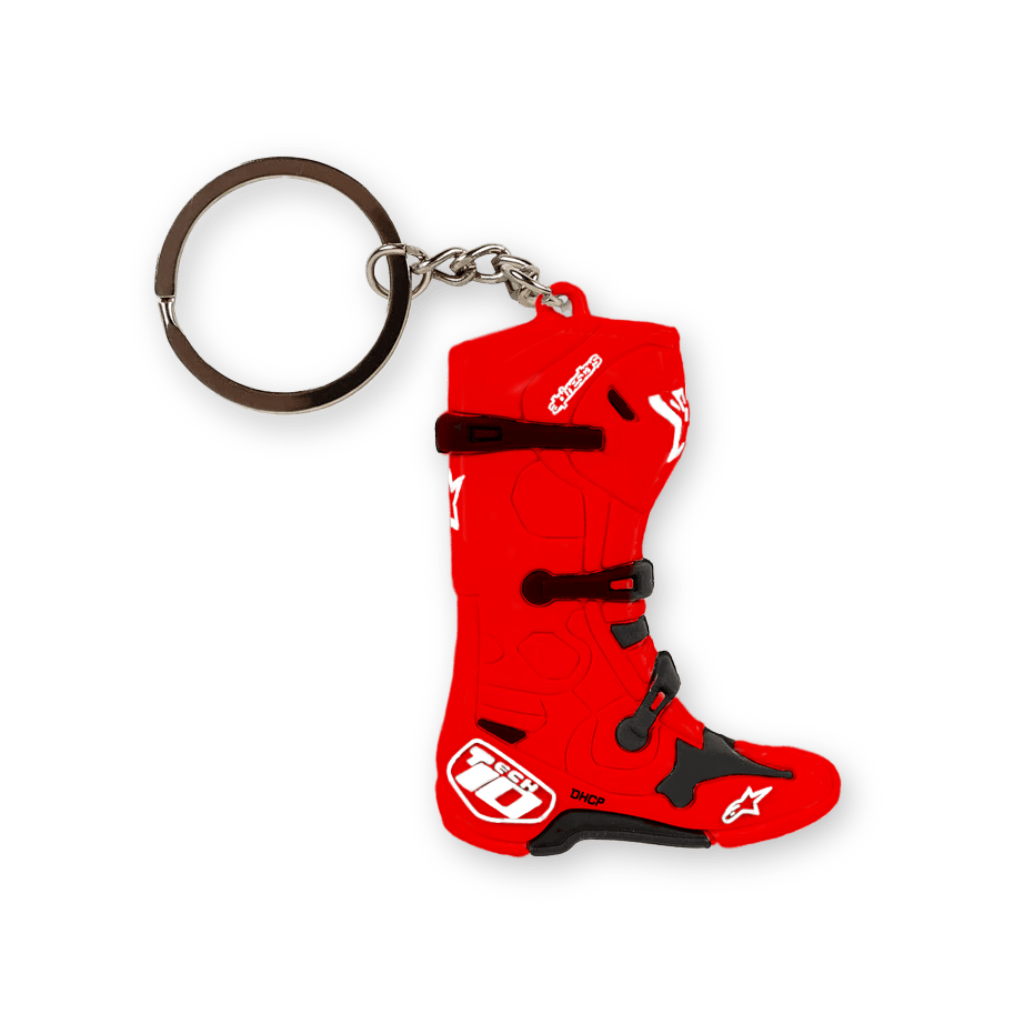 Alpinestars Tech 10 Stiefel-Schlüsselanhänger, 3D-Miniatur-Motocross-Stiefel, Rot mit schwarzen und weißen Akzenten, silberner Metallring, detailliertes Rennstiefel-Design, Motorsport-Zubehör