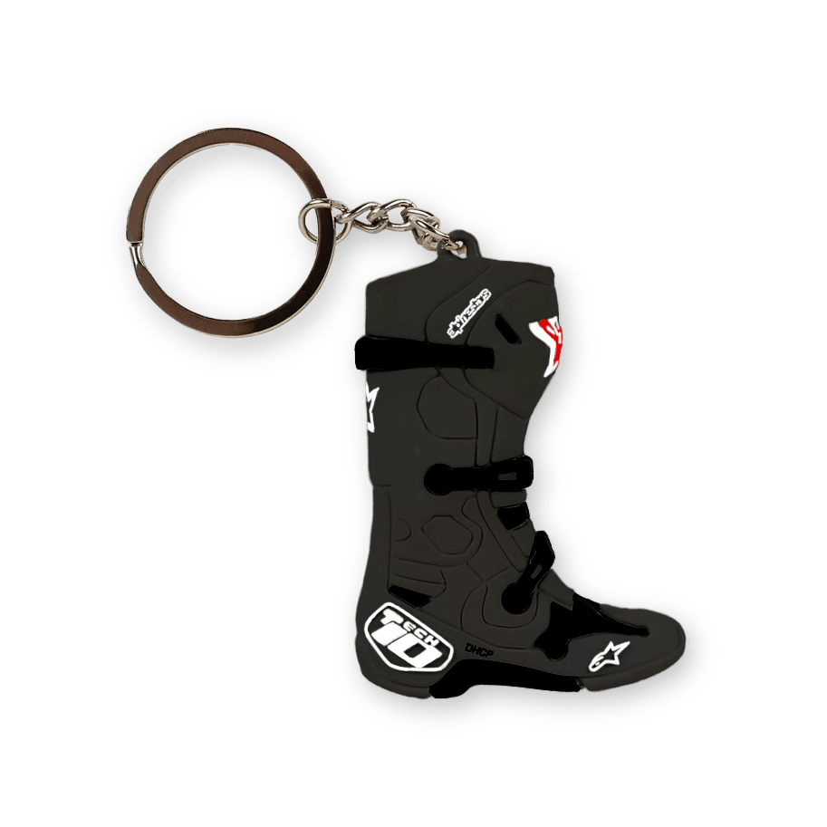Alpinestars New Tech 10 Boot Schlüsselanhänger, Schwarz mit weißen und roten Akzenten, miniaturisierte 3D-Nachbildung des ikonischen Motocross-Stiefels, detailliert geformte Schnallen und Logos, silberner Schlüsselring aus Metall