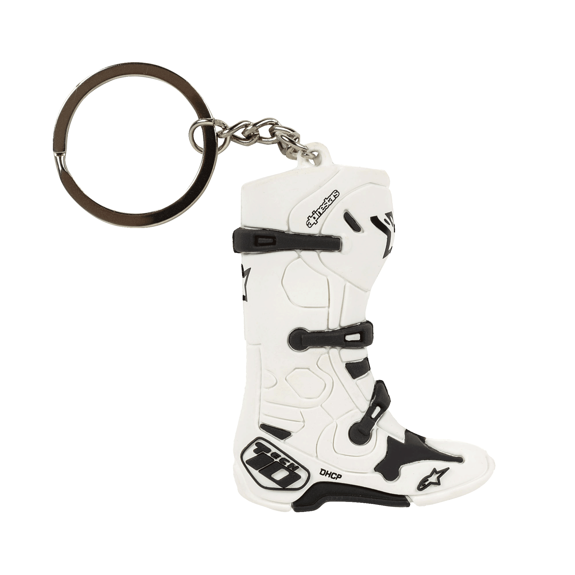 Alpinestars New Tech 10 Boot Schlüsselanhänger, Miniatur-3D-Motocross-Stiefel, Weiß und Schwarz, mit detaillierten Riemen und Branding, Metallring und Kette, Motorsport-inspiriertes Accessoire
