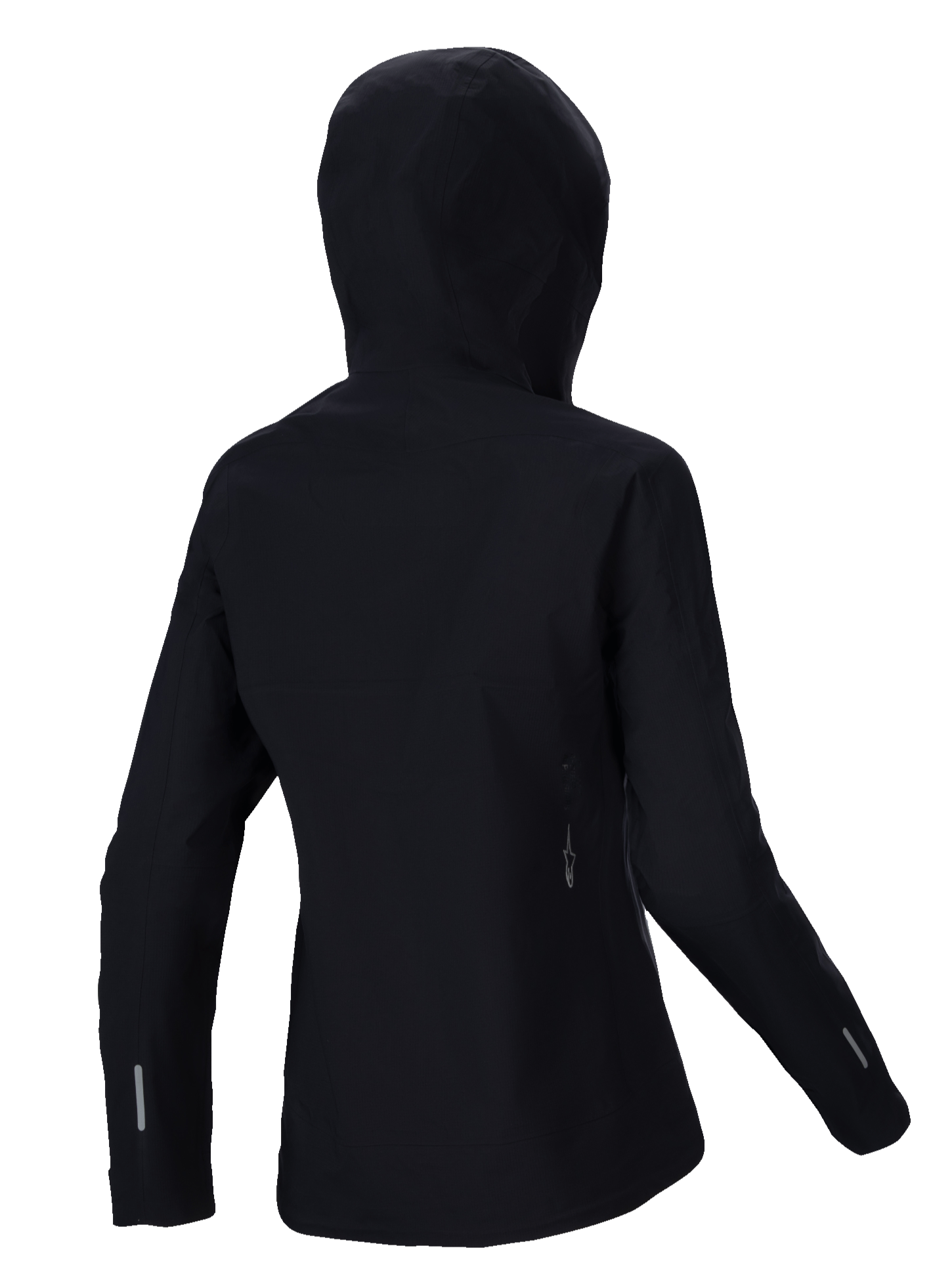 Alpinestars Stella A-Dura Elite Waterproof Jacket, Women's MTB Rain Jacket, Black, back view featuring the over-the-helmet hood, reflective accents on sleeves and lower back, durable ripstop textile for all-weather trail riding