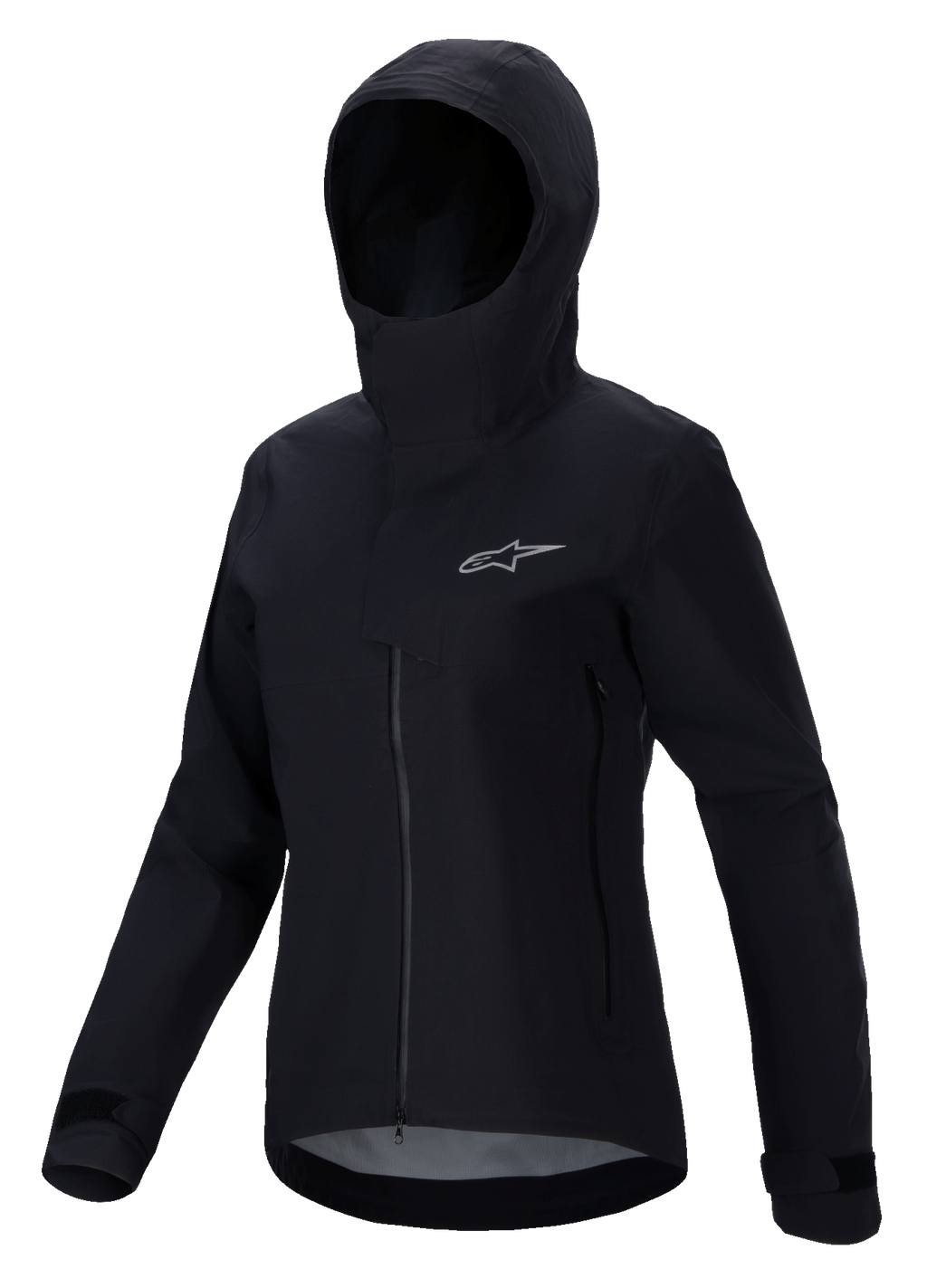 Alpinestars Stella A-Dura Elite Waterproof Jacket, Women's Mountain Bike Jacket, Black, featuring a hooded design with a protective storm flap, front zipper, zippered hand pockets, and adjustable velcro cuffs, technical waterproof fabric with a silver logo on the chest