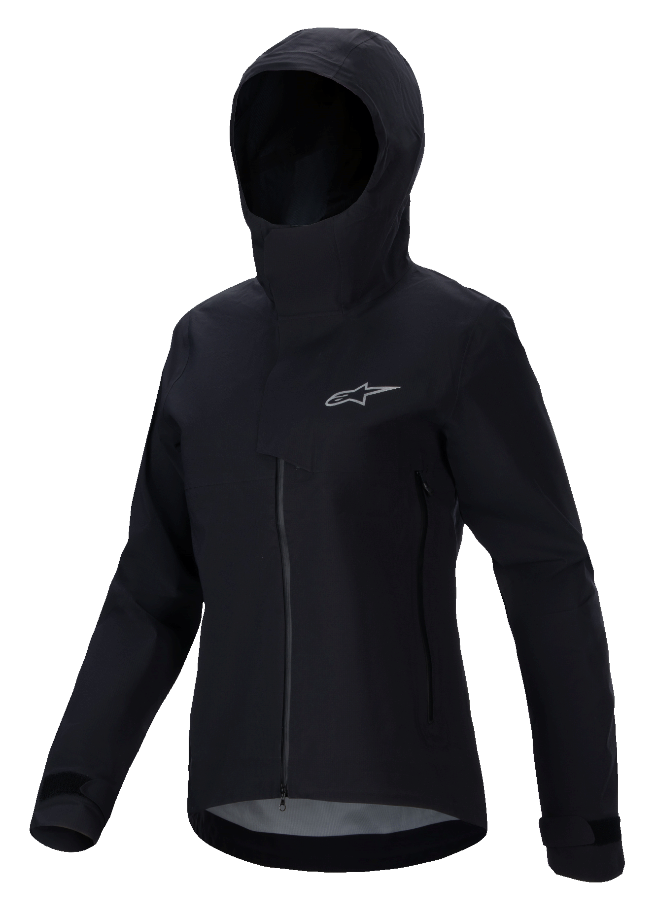 Alpinestars Stella A-Dura Elite Waterproof Jacket, Women's Mountain Bike Jacket, Black, featuring a hooded design with a protective storm flap, front zipper, zippered hand pockets, and adjustable velcro cuffs, technical waterproof fabric with a silver logo on the chest