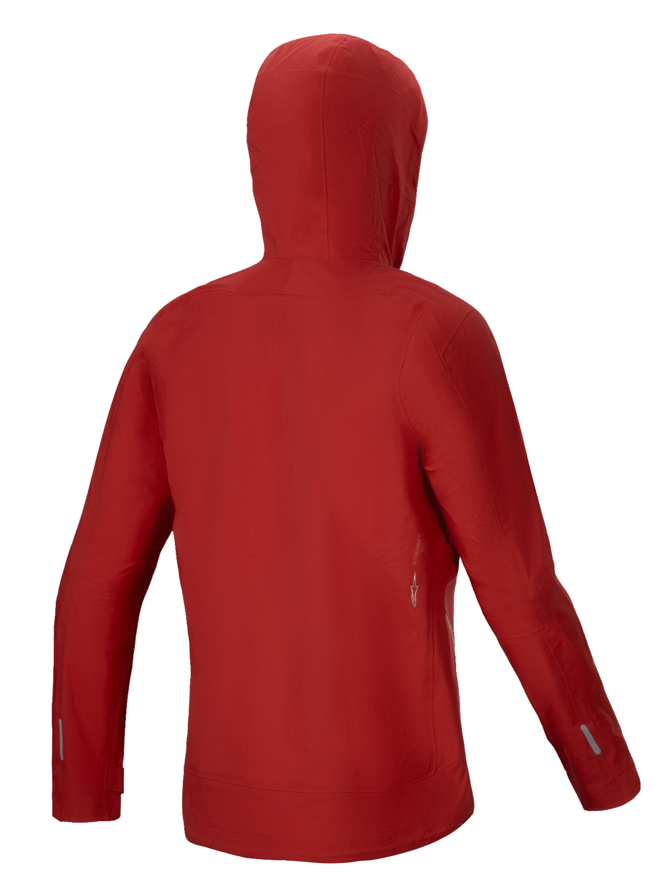 Alpinestars Stella A-Dura Elite Waterproof Jacket, Women's Mountain Biking Rain Shell, Red Fluo, back view showing helmet-compatible hood and 3L ripstop stretch membrane construction