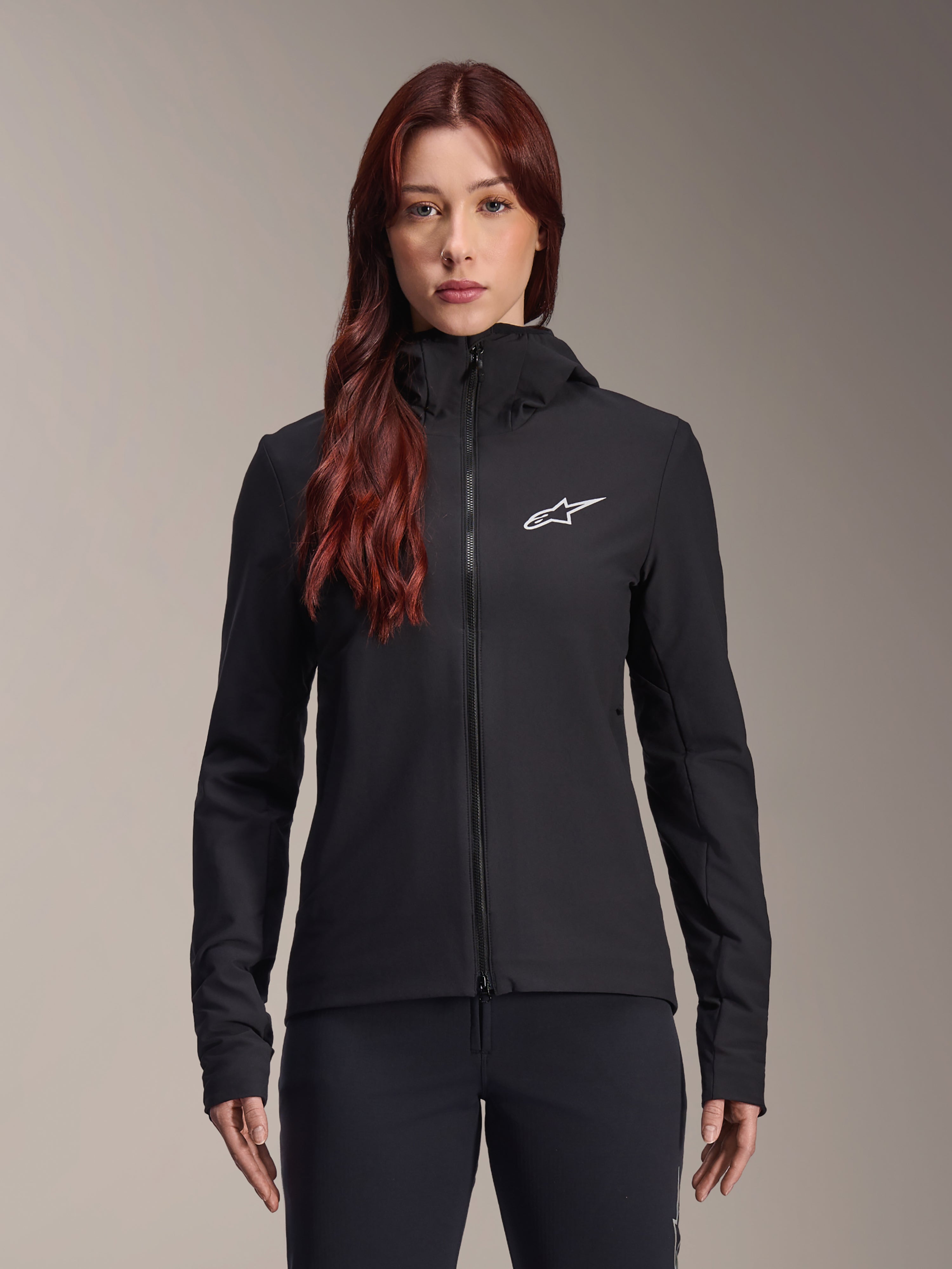Alpinestars Stella A-Dura Thermal Jacket, Women's Cycling Jacket, Black, White star logo on the chest, hooded zip-up design, fitted long-sleeve construction for mountain biking