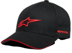 Alpinestars Rostrum Hat, Black Baseball Cap with Red 3D Star Logo, Curved Brim with Red Sandwich Bill Detail, Embroidered Alpinestars Side Branding, Casual Motorsport Headwear