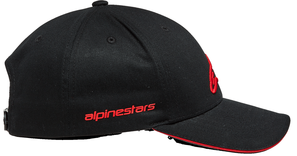 Alpinestars Rostrum Hat, Curved Bill Snapback Cap, Black and Red, side profile view featuring red Alpinestars wordmark, structured crown, and red sandwich bill edge, motorsport-inspired headwear