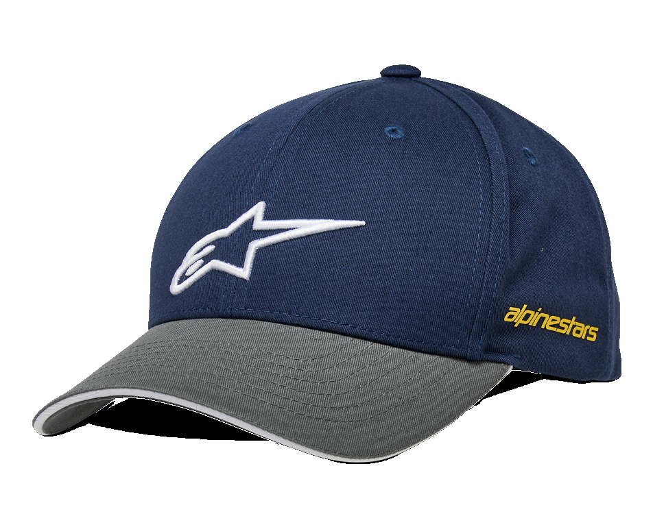 Alpinestars Rostrum Hat, Baseball-Cap, Marineblau und Grau, weiß gesticktes Stern-Logo, gelbes seitliches Branding, gebogener Schirm, Casual Motorsport Streetwear