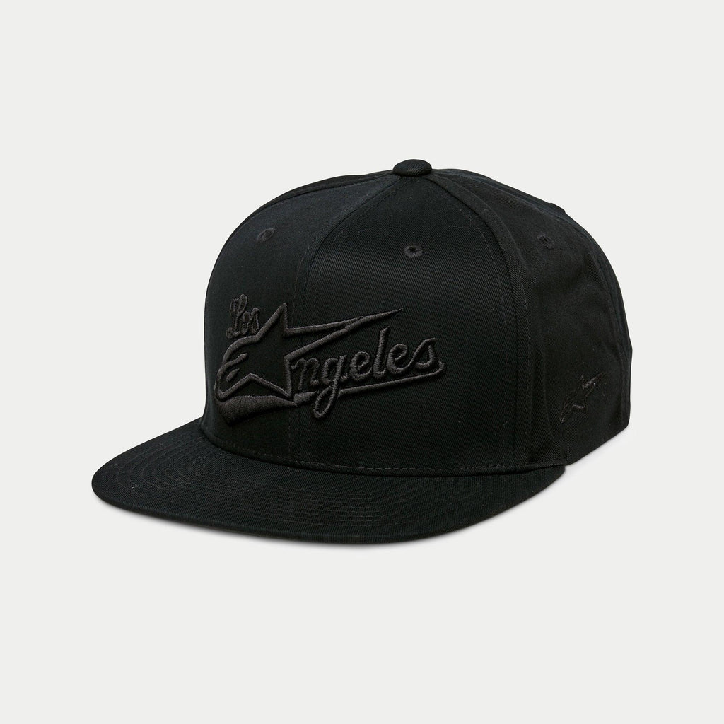 Alpinestars Los Angeles Mütze, Snapback Cap mit flacher Krempe, Schwarz, Ton-in-Ton 3D-Stickerei mit Los Angeles-Schriftzug und Ageless-Logo, strukturierte Krone, lässige Sportbekleidung