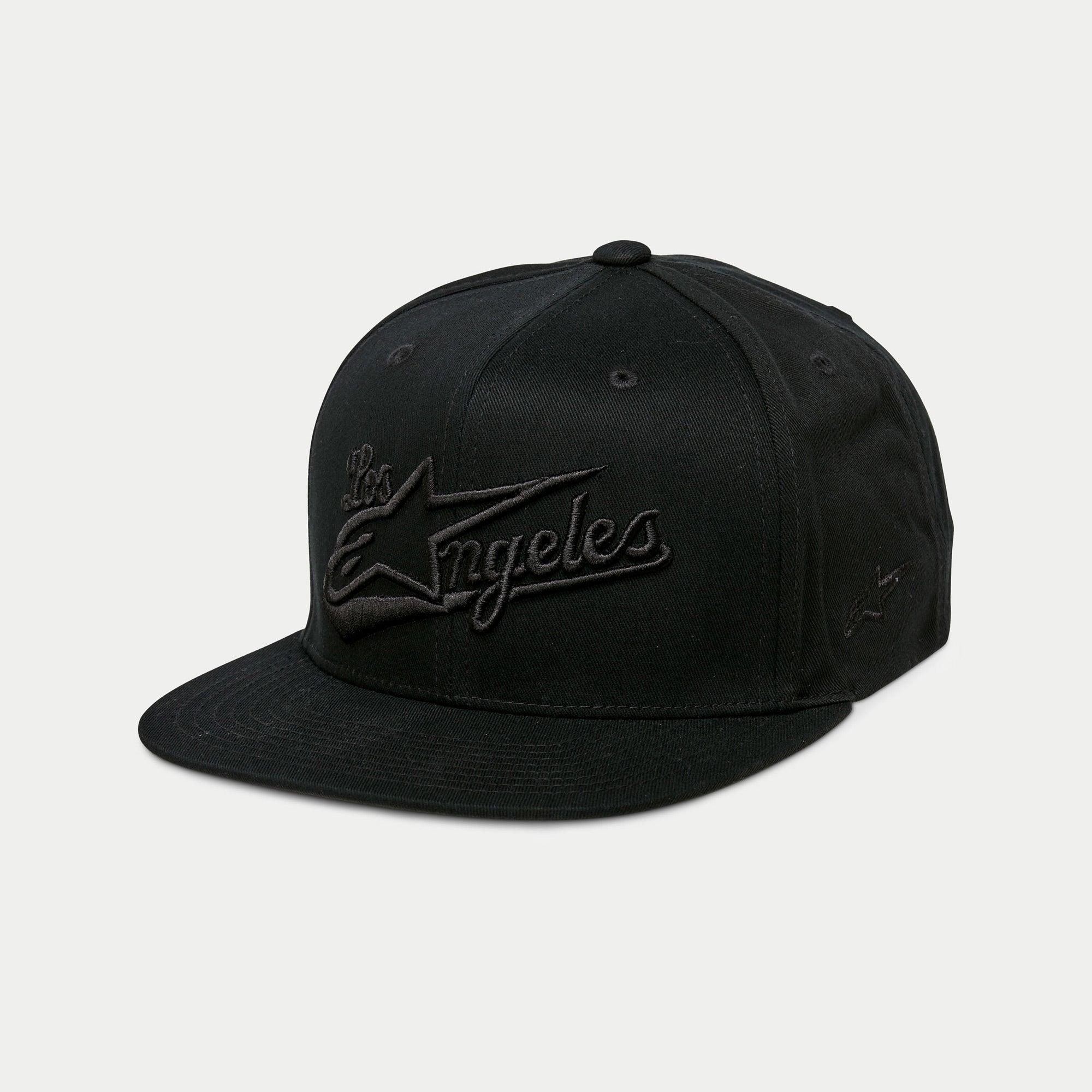 Alpinestars Los Angeles Mütze, Snapback Cap mit flacher Krempe, Schwarz, Ton-in-Ton 3D-Stickerei mit Los Angeles-Schriftzug und Ageless-Logo, strukturierte Krone, lässige Sportbekleidung