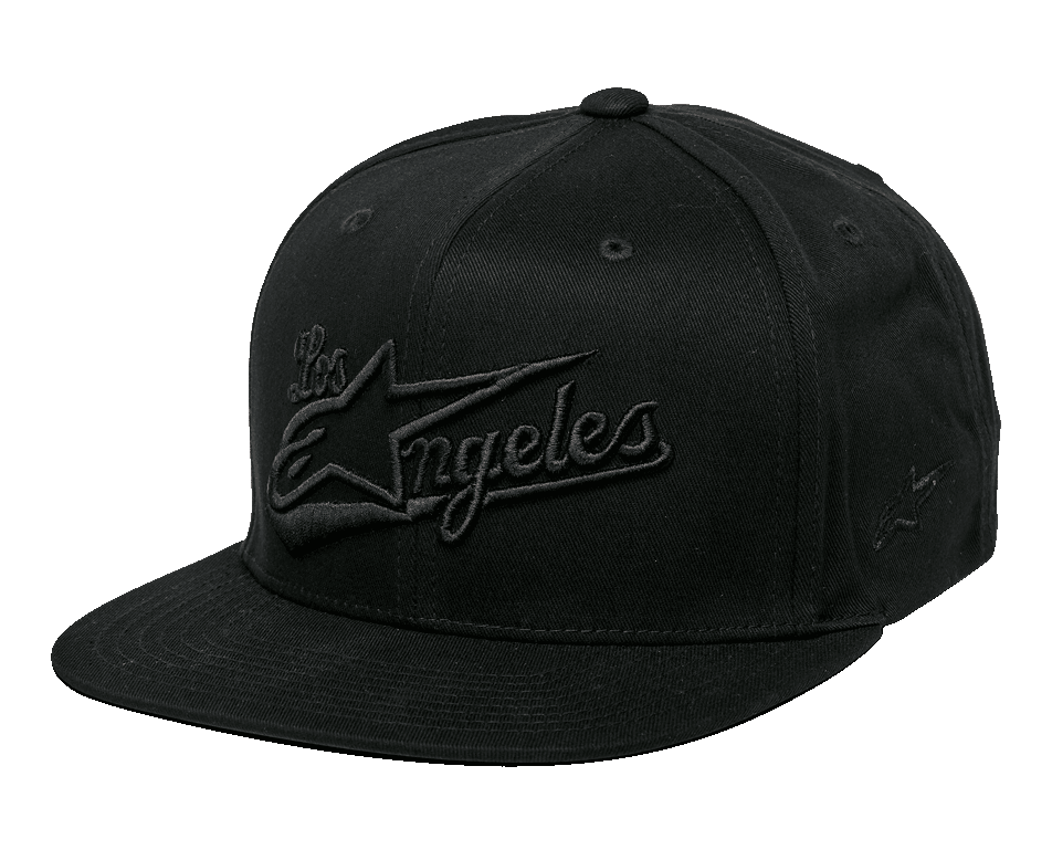 Alpinestars Los Angeles Mütze, Snapback mit flacher Krempe, komplett schwarz, 3D-gestickter Los Angeles-Schriftzug im sportlichen Design mit Ageless-Logo auf der Vorderseite, strukturierte Krone, lässiger Streetwear-Stil
