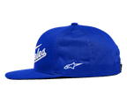 Alpinestars Los Angeles Hat, Flat Bill Snapback Hat, Blue with White embroidery, side view featuring a structured crown, 3D embroidered lettering on front, and small Ageless logo on the side