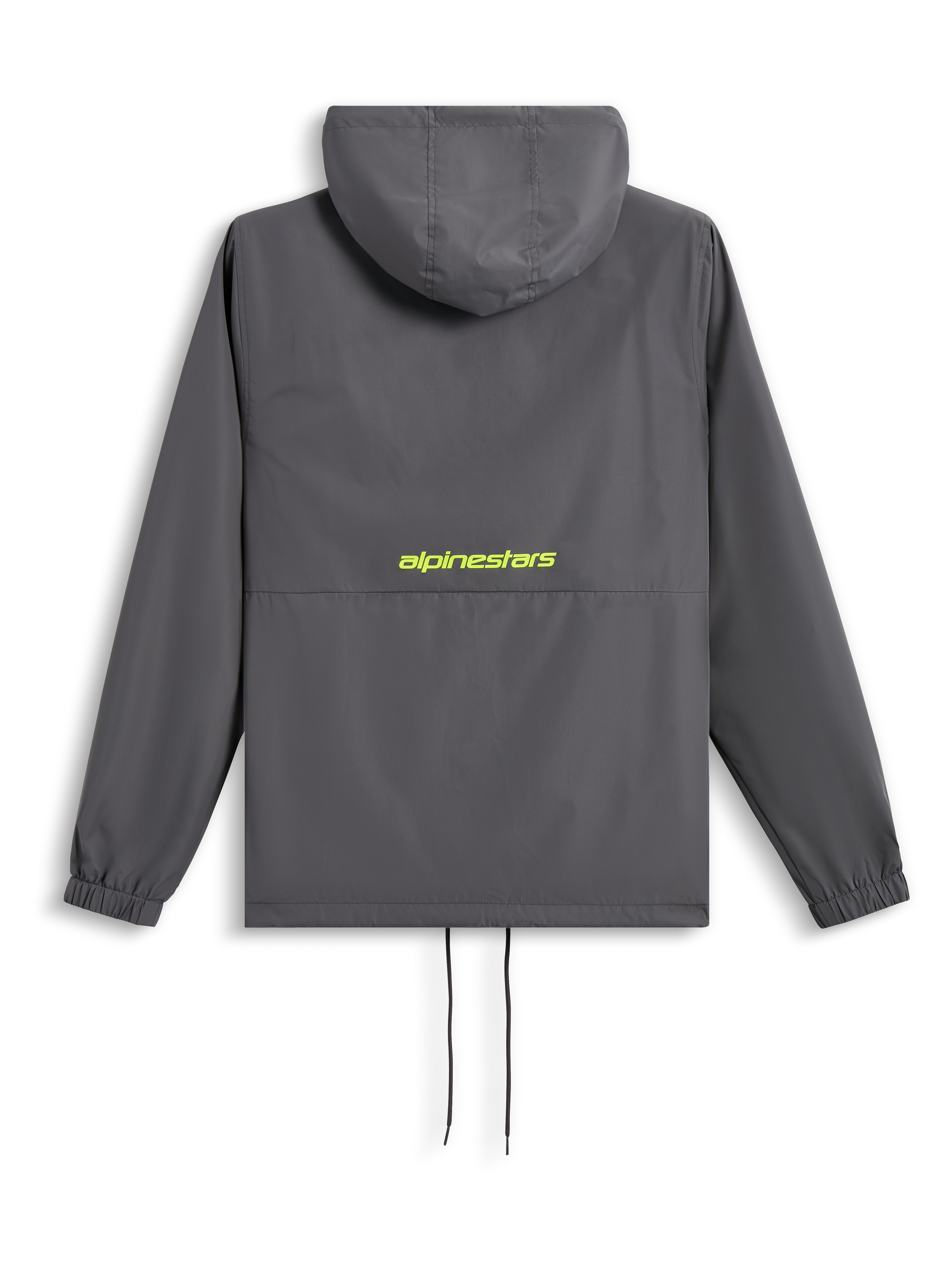Alpinestars Speeder Chromium Windbreak Jacket, rear view, Charcoal grey with Hi-Vis yellow logo across the back, hooded windbreaker with elasticated cuffs and drawstring hem, casual motorsport-inspired streetwear