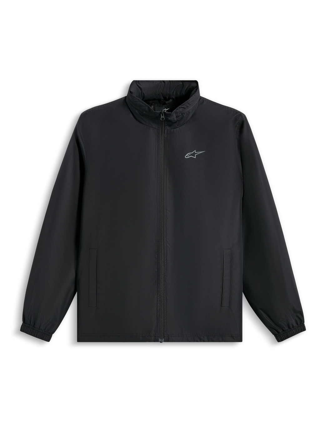 Alpinestars Overhaul Racer Jacket, Black Rain Shell Jacket, featuring a small silver logo on the chest, full front zipper, and side pockets, casual motorsport-inspired streetwear