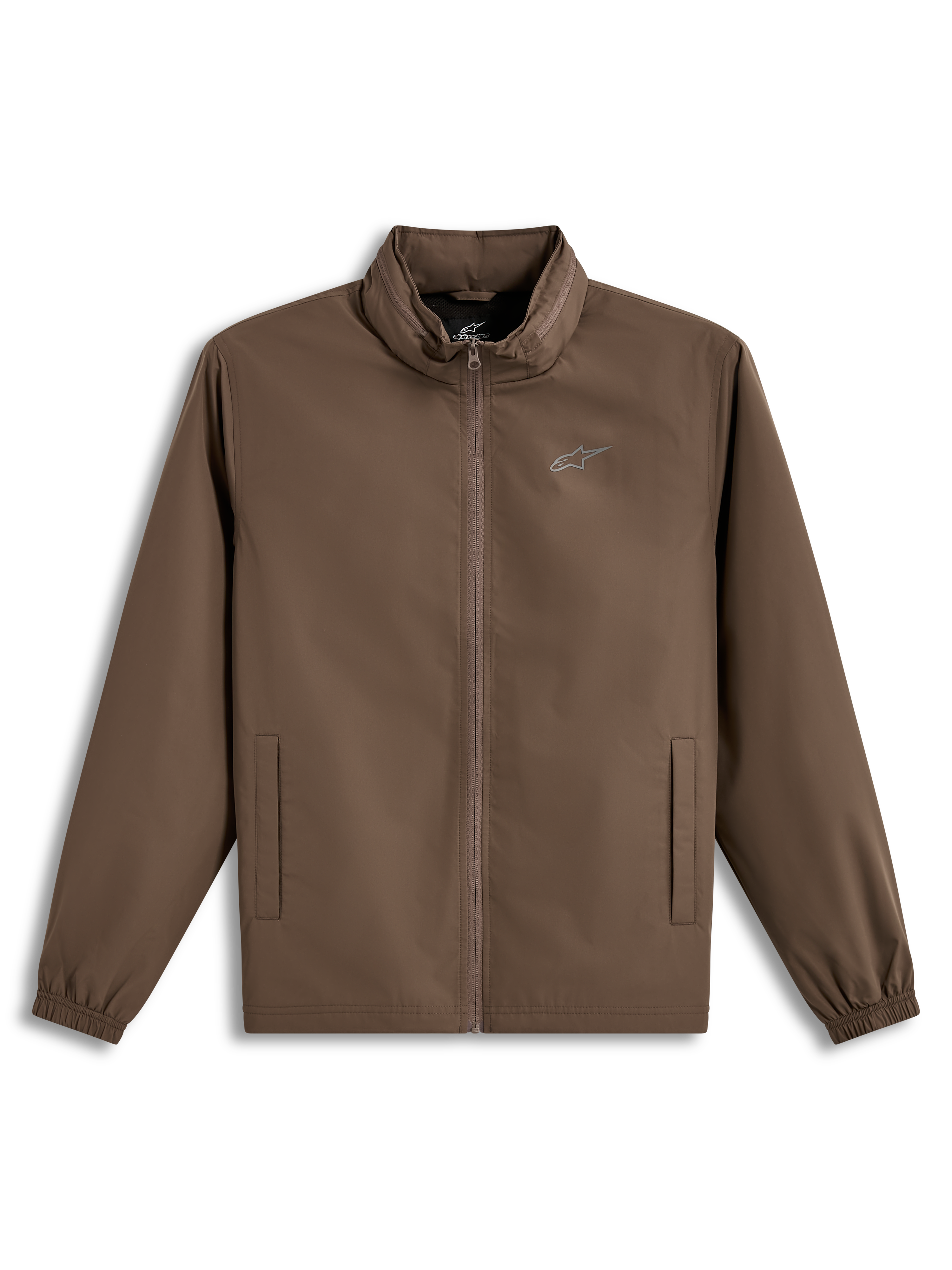 Alpinestars Overhaul Racer Jacke, leichte Sportswear Jacke in Braun mit versteckter Kapuze und Astars-Logo auf der Brust.
