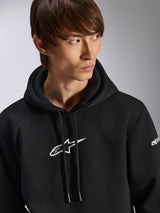 Alpinestars Frontal Hoodie, black pullover fleece hoodie, white Astar logo on chest and wordmark branding on sleeve, drawstring hood, worn by male model, casual motorsport streetwear