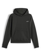 Alpinestars Essentials Ageless Hoodie, casual streetwear, Off Black with small white Astars logo, pullover with hood and front kangaroo pocket, premium stone-washed fleece finish