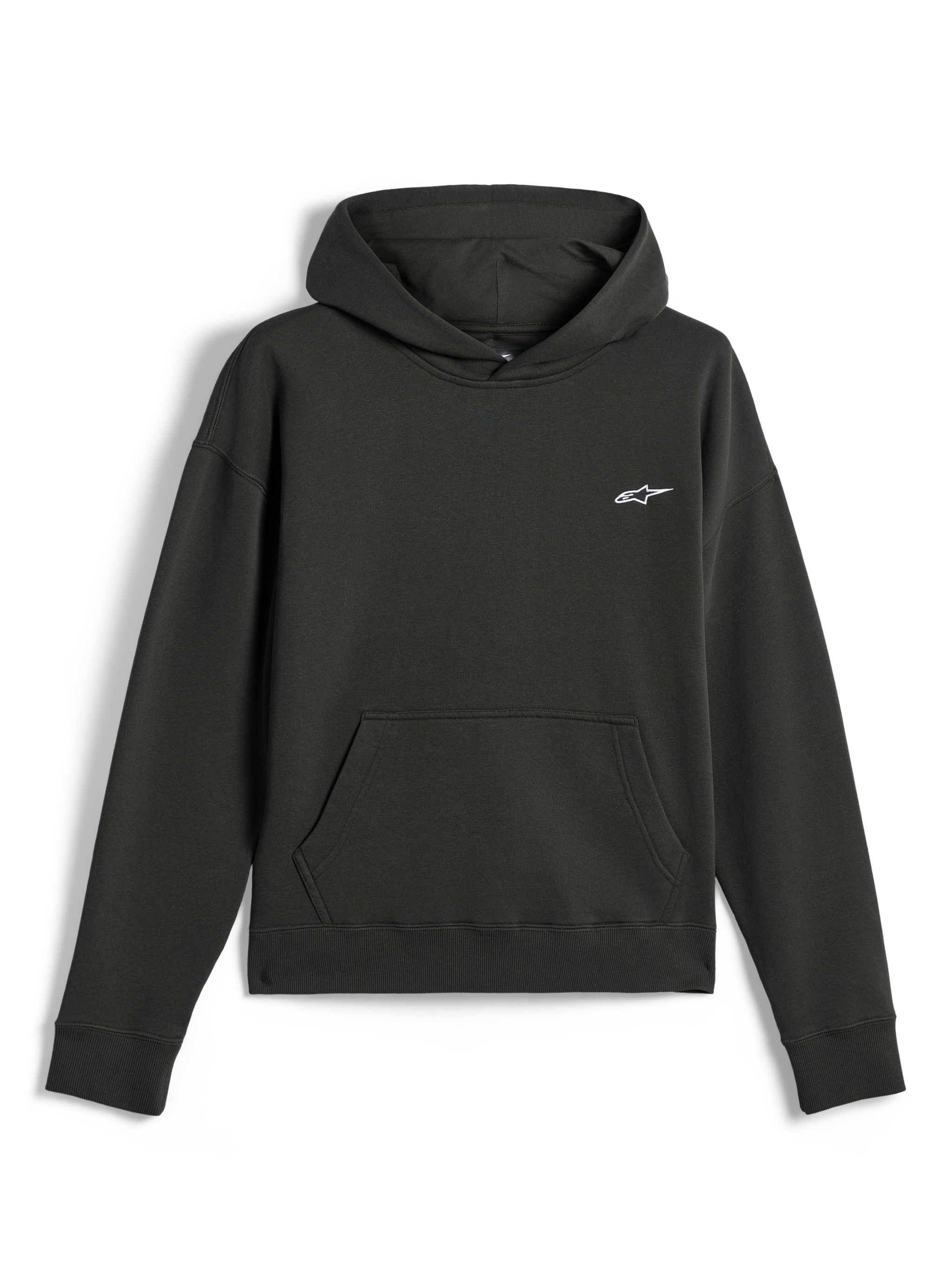 Alpinestars Essentials Ageless Hoodie, lässige Streetwear, Off Black mit kleinem weißem Astars-Logo, Kapuzenpullover mit Kängurutasche vorne, hochwertiges Stone-Wash-Fleece-Finish