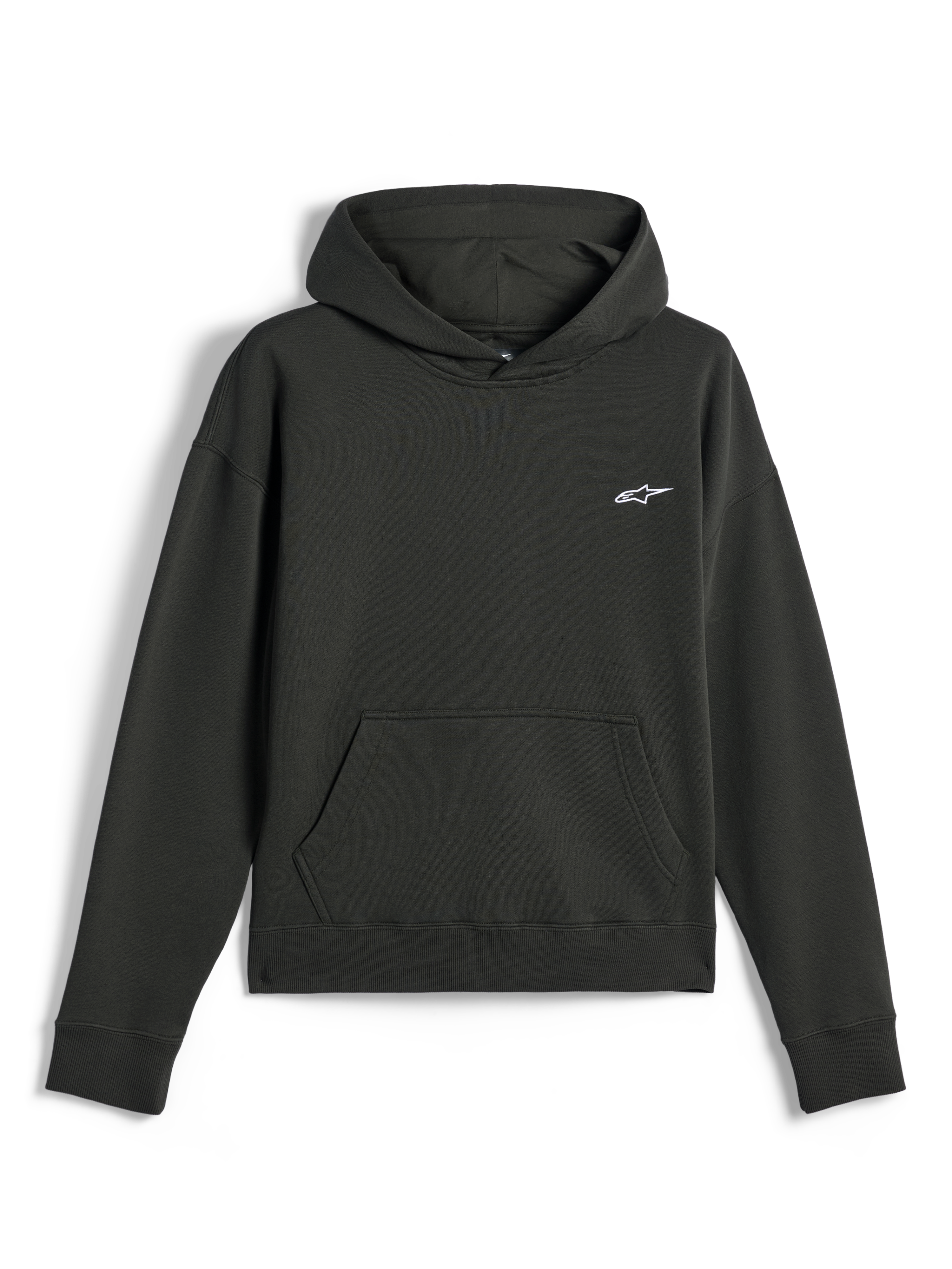 Alpinestars Essentials Ageless Hoodie, casual streetwear, Off Black with small white Astars logo, pullover with hood and front kangaroo pocket, premium stone-washed fleece finish