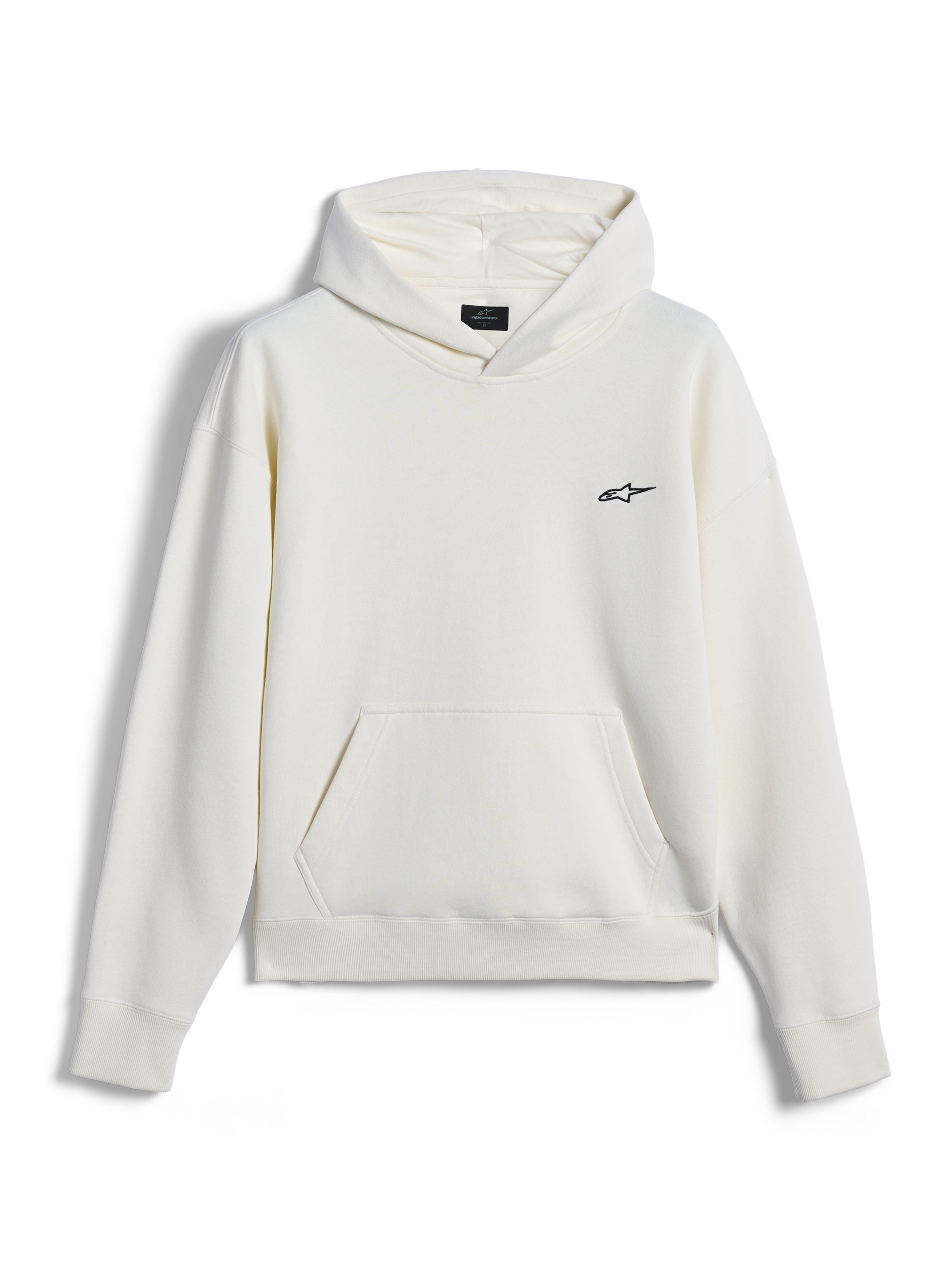Alpinestars Essentials Ageless Hoodie, casual streetwear, off-white with small black Astar logo on the chest, kangaroo pocket, long sleeves, minimalist motorsport-inspired design
