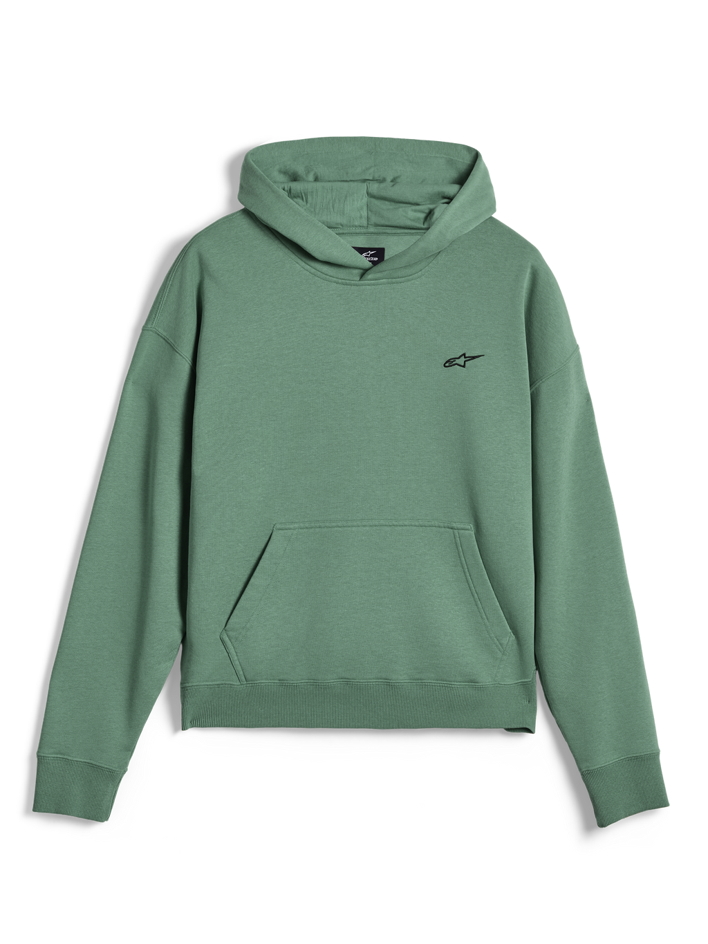 Alpinestars Essentials Ageless Hoodie, lässiger Streetwear-Pullover, Kaktusgrün mit Stone-Wash-Finish, kleines schwarzes Alpinestars-Logo auf der Brust, Kängurutasche vorne, gerippte Bündchen und Saum, hochwertiges Fleece-Material