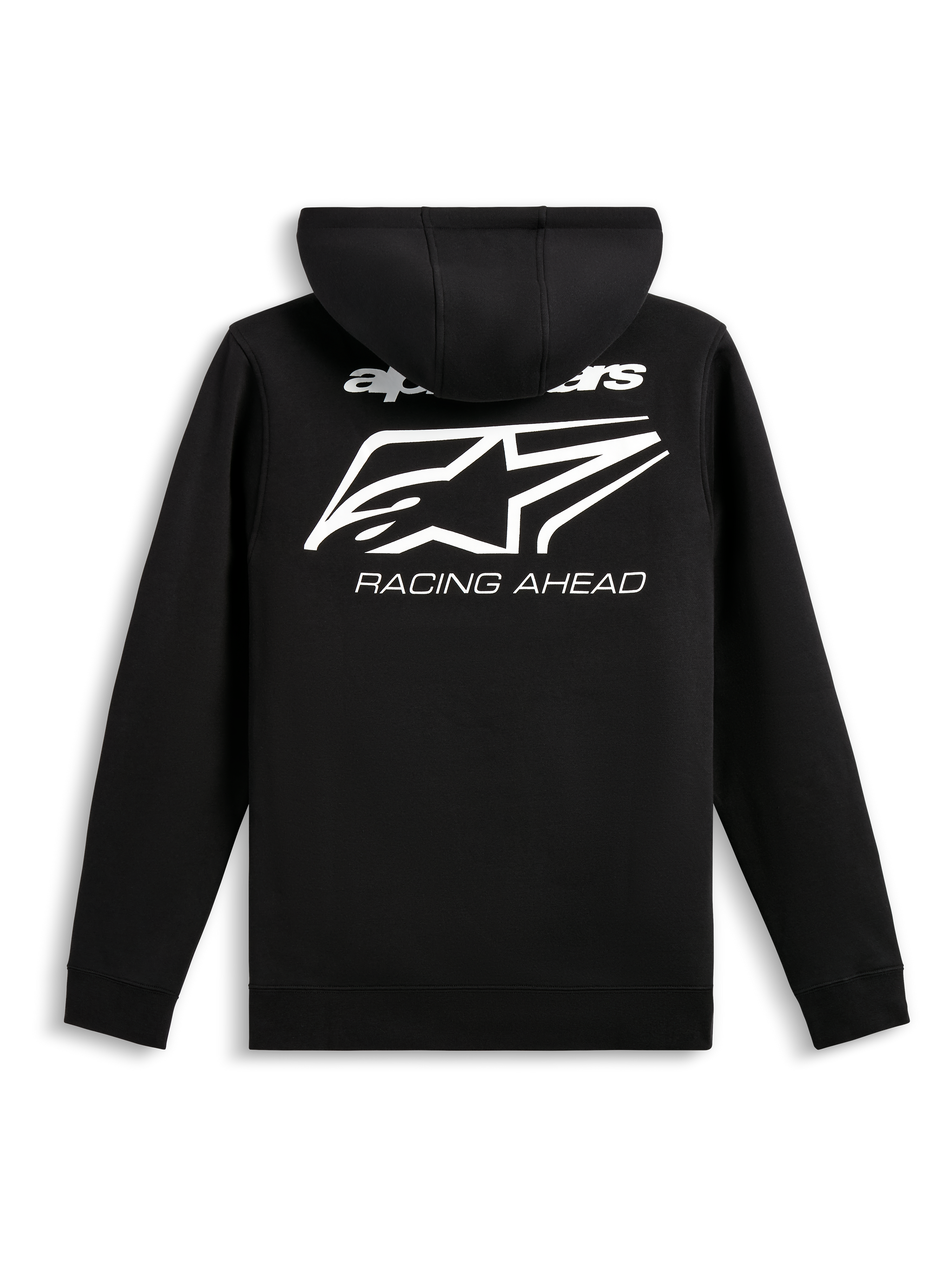 Alpinestars Formulation Hoodie, Rückansicht, Schwarz, große weiße Grafik mit Alpinestars-Logo und 'RACING AHEAD' Schriftzug, lässige Sportbekleidung, Polyfleece mit geripptem Saum und Bündchen