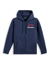 Alpinestars Formulation Hoodie, lässige Sportbekleidung, marineblau mit rot-weißem Brustlogo, durchgehender Reißverschluss vorne, Kapuze mit Kordelzug, lange Ärmel, Rippbündchen an Ärmeln und Saum
