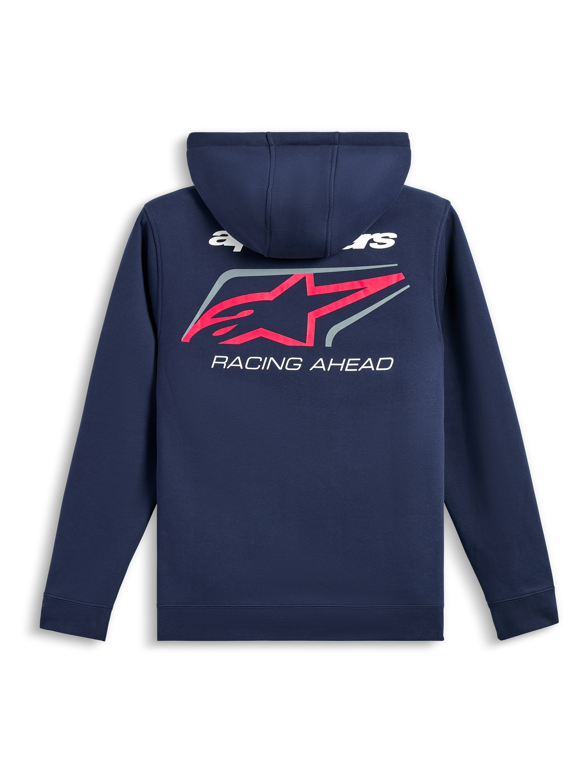 Alpinestars Formulation Hoodie, Rückansicht, Marineblau, großes pinkes Alpinestars Stern-Logo mit grauem Rand und weißem „RACING AHEAD“-Schriftzug, lässige Motorsport-inspirierte Streetwear