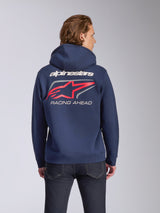 Alpinestars Formulation Hoodie, Marineblau, Rückansicht mit weißem Alpinestars-Branding, großem rotem A-stars Logo mit grauen Akzenten und 'RACING AHEAD'-Schriftzug, lässige Motorsport-Streetwear