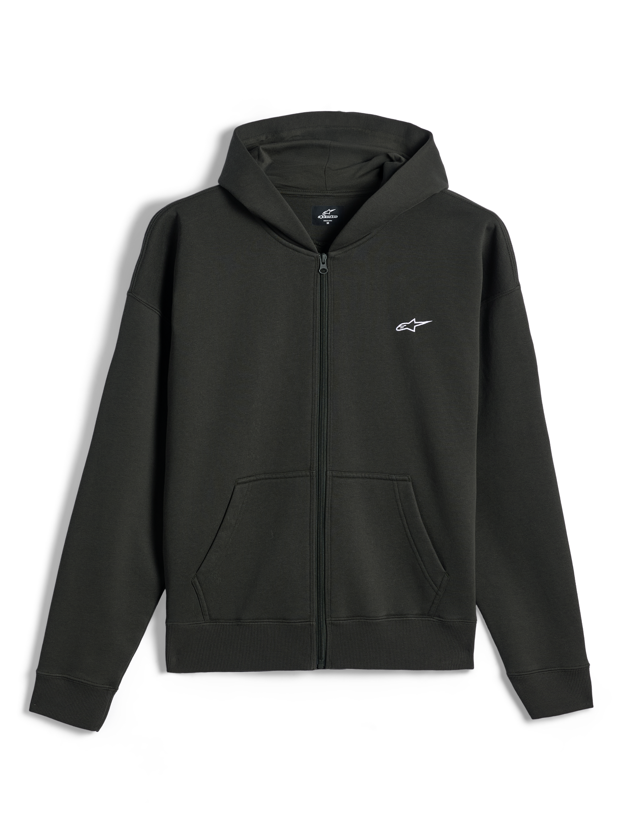 Alpinestars Essentials Ageless Zip Hoodie, Fleece-Hoodie mit durchgehendem Reißverschluss, Off Black, kleines weißes Alpinestars-Logo auf der linken Brust, lässige Motorsport-Streetwear, mit Fronttaschen und Rippbündchen