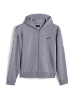 Alpinestars Essentials Ageless Zip Hoodie, casual streetwear, Silver, small black Alpinestars logo on the chest, full-zip front with kangaroo pockets, ribbed cuffs and hem, minimalist motorsport-inspired design
