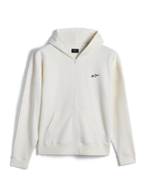 Alpinestars Essentials Ageless Zip Hoodie, legere Streetwear, Off-White mit kleinem schwarzem Alpinestars-Logo, durchgehender Reißverschluss vorne, geteilte Kängurutasche, entspannte Passform, hochwertiges Kompakt-Fleece-Design