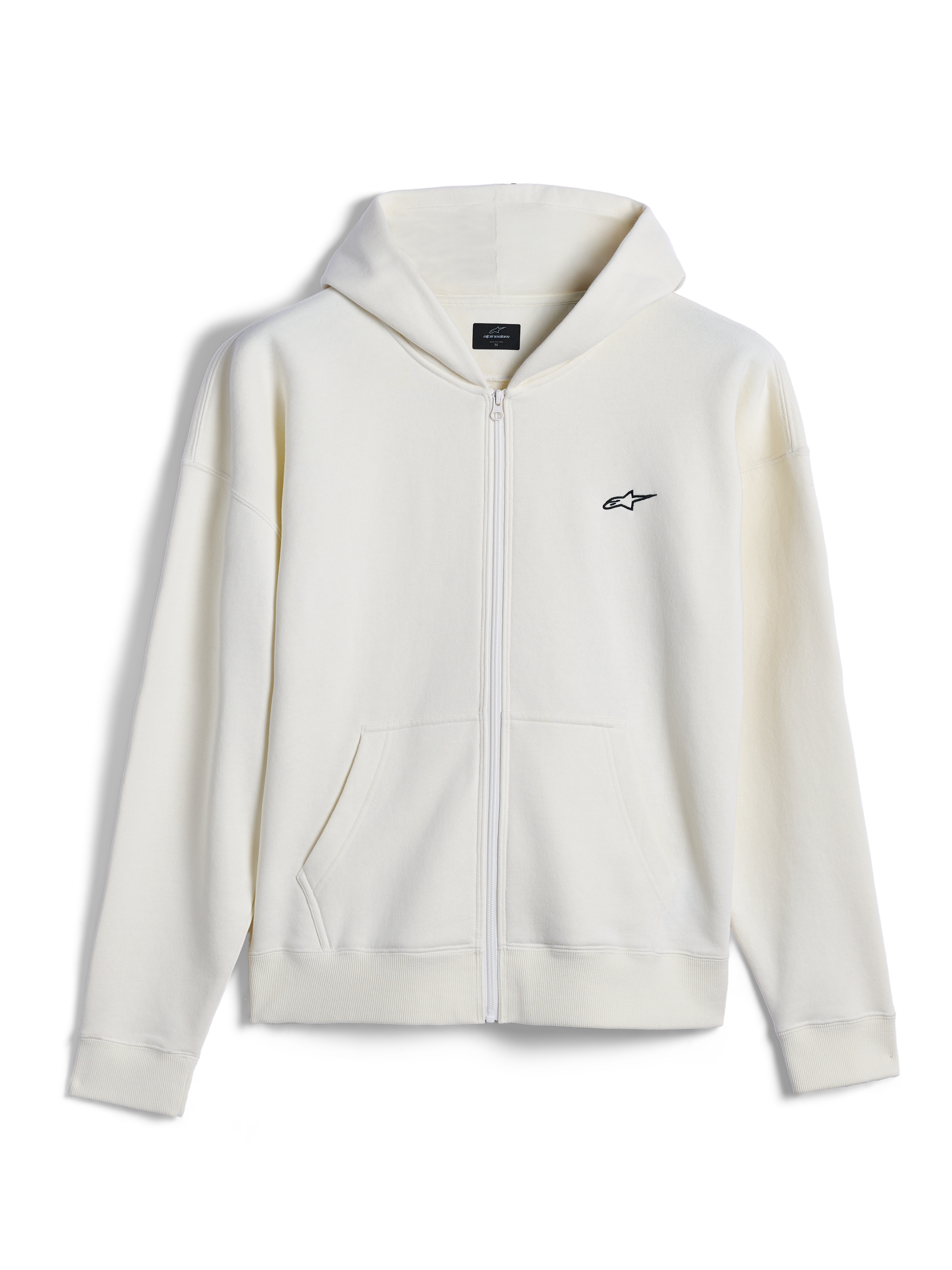 Alpinestars Essentials Ageless Zip Hoodie, legere Streetwear, Off-White mit kleinem schwarzem Alpinestars-Logo, durchgehender Reißverschluss vorne, geteilte Kängurutasche, entspannte Passform, hochwertiges Kompakt-Fleece-Design