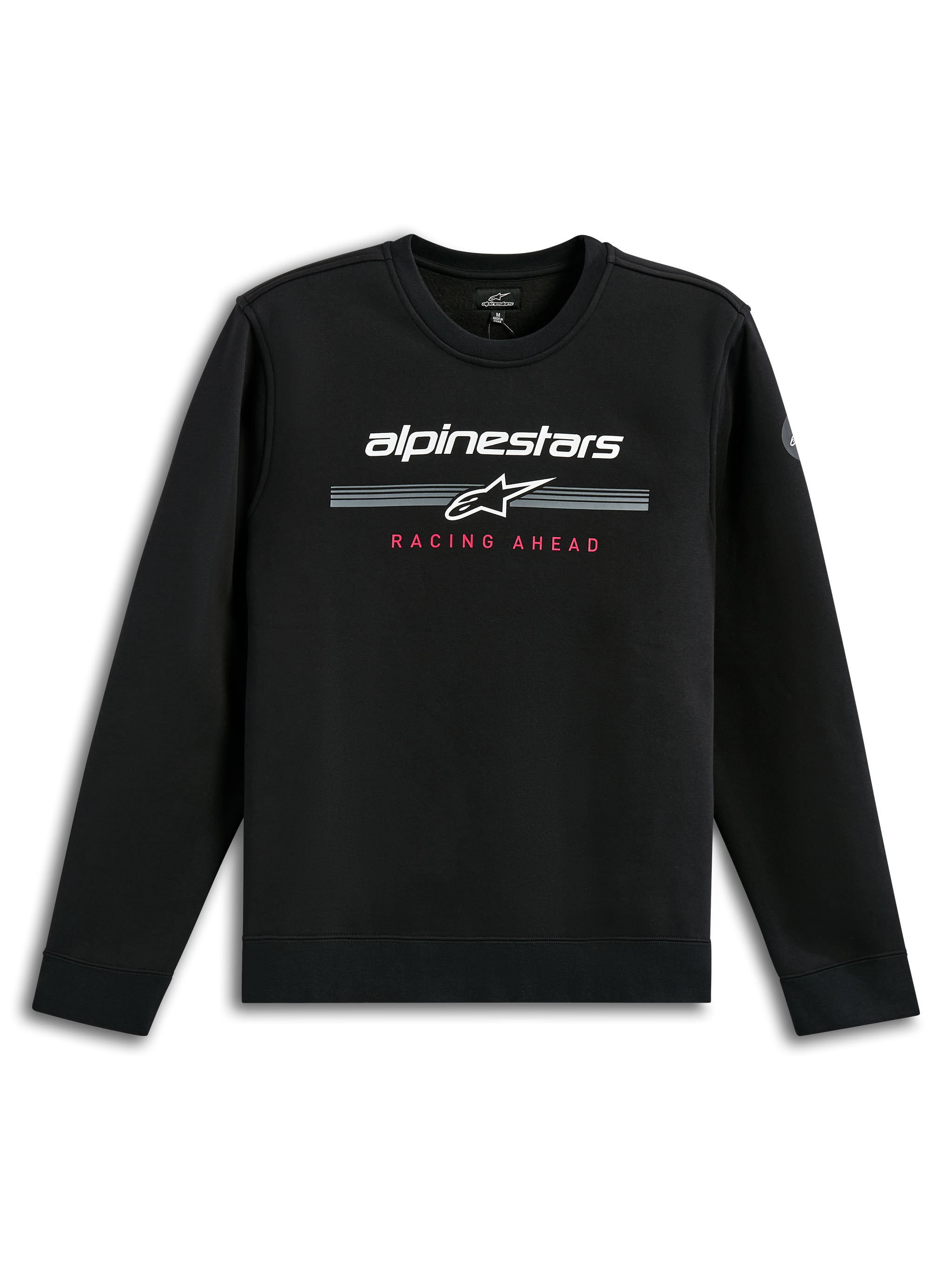 Alpinestars Bettern Crew, black crewneck sweatshirt, white Alpinestars wordmark with grey racing stripes, red 'Racing Ahead' text, casual motorsport streetwear
