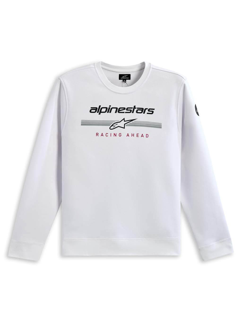 Alpinestars Bettern Crew Sweatshirt, Weiß, mit schwarzem Alpinestars-Branding, grauen Rennstreifen mit weißem Stern-Logo und rotem 'RACING AHEAD' Aufdruck, lässige Motorsport-Streetwear
