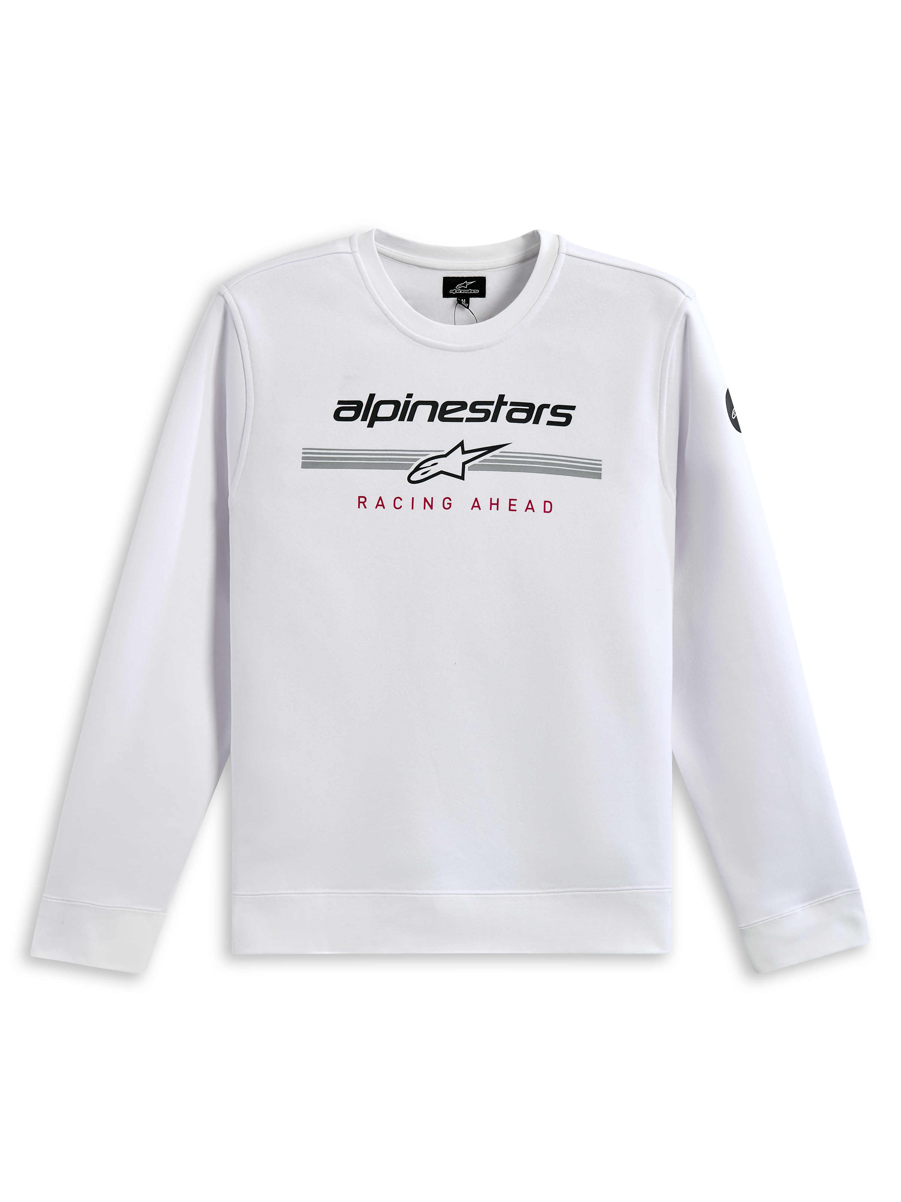 Alpinestars Bettern Crew Sweatshirt, Weiß, mit schwarzem Alpinestars-Branding, grauen Rennstreifen mit weißem Stern-Logo und rotem 'RACING AHEAD' Aufdruck, lässige Motorsport-Streetwear