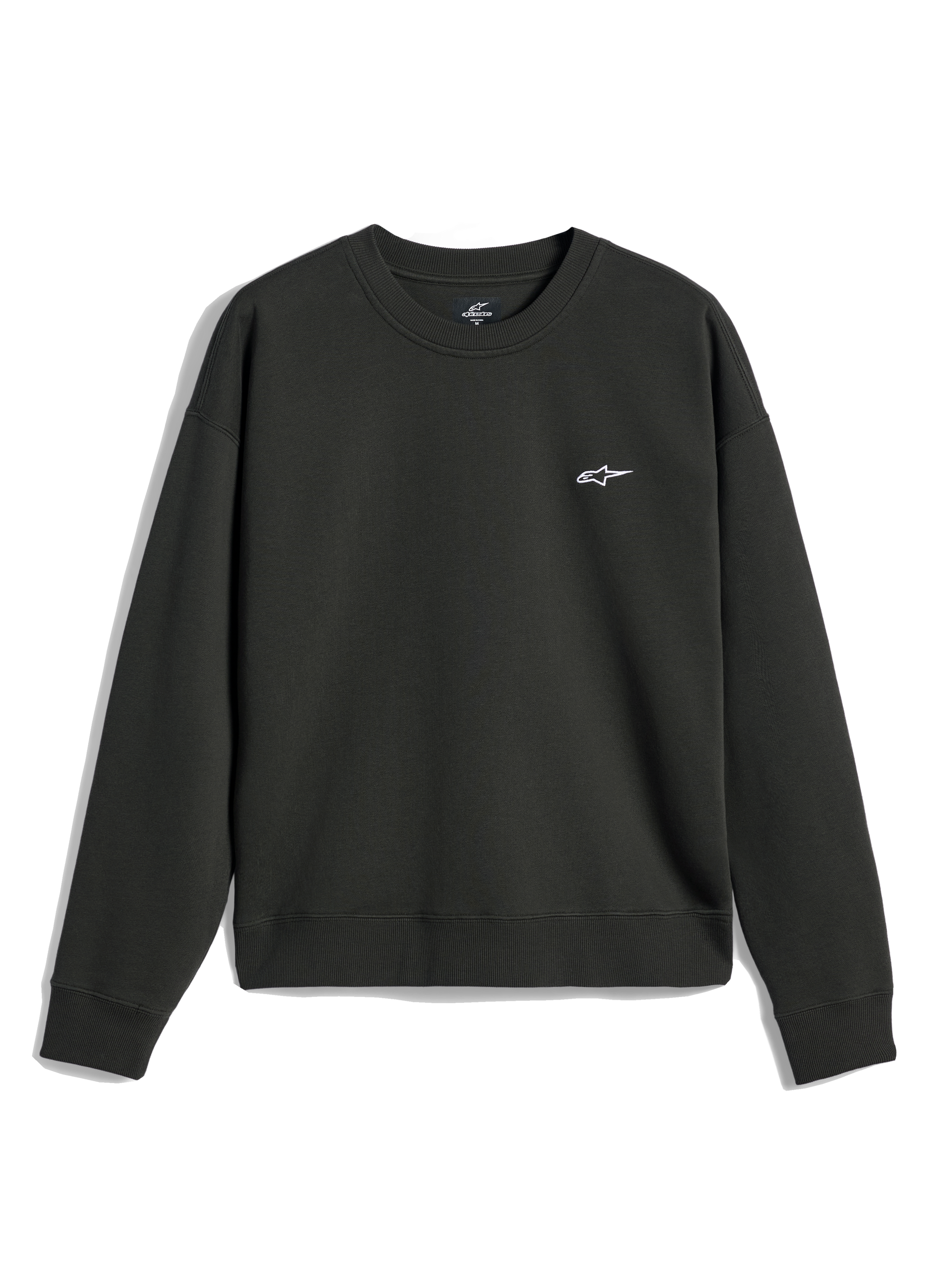 Alpinestars Essentials Ageless Crew, Crewneck Sweatshirt, Off Black, small white A-star logo on chest, ribbed collar, cuffs, and hem, casual premium fleece streetwear