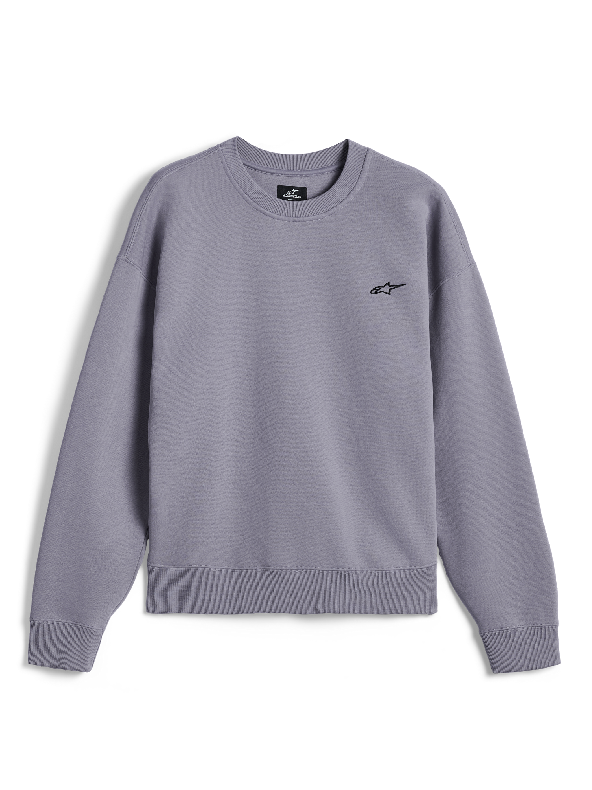 Alpinestars Essentials Ageless Crew, hochwertiges Rundhals-Sweatshirt, Silber, mit kleinem schwarzem Astar-Logo auf der Brust, gerippter Kragen, Bündchen und Saum, lässige vom Motorsport inspirierte Streetwear